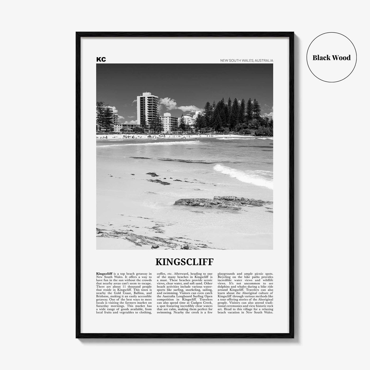 Kingscliff Print Black and White, Kingscliff Wall Art, Kingscliff Poster, Kingscliff Photo, Kingscliff Wall Décor, Kingscliff Map, Australia