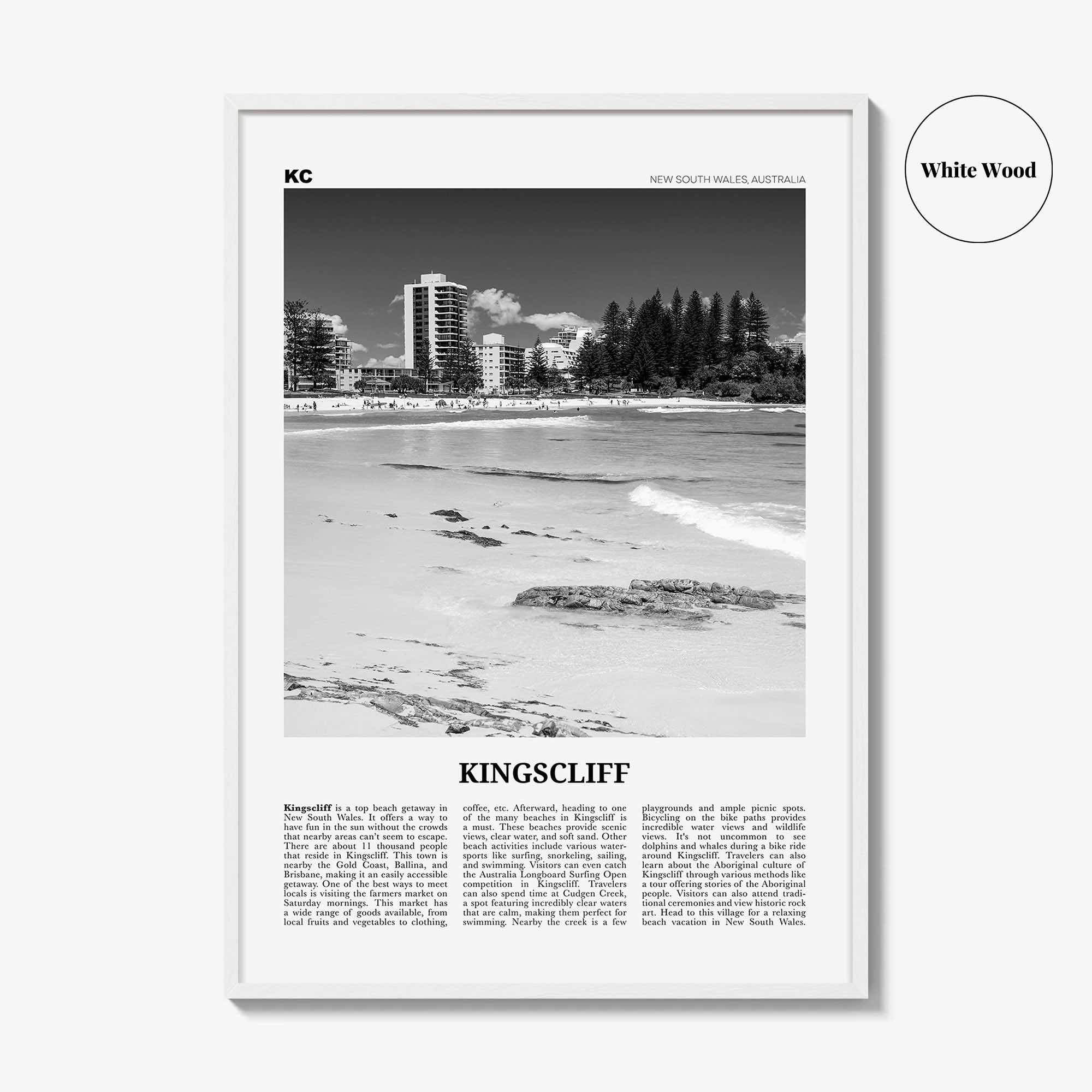 Kingscliff Print Black and White, Kingscliff Wall Art, Kingscliff Poster, Kingscliff Photo, Kingscliff Wall Décor, Kingscliff Map, Australia