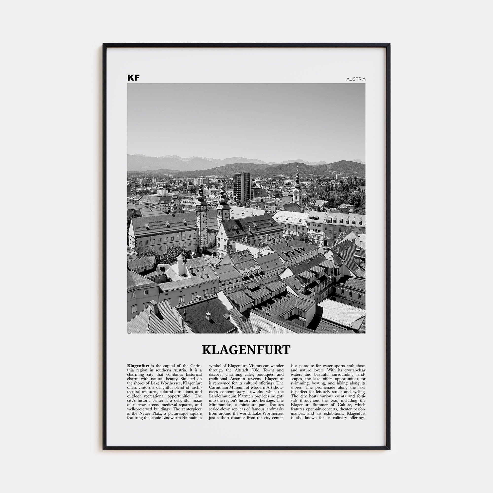 Klagenfurt Travel B&W Poster