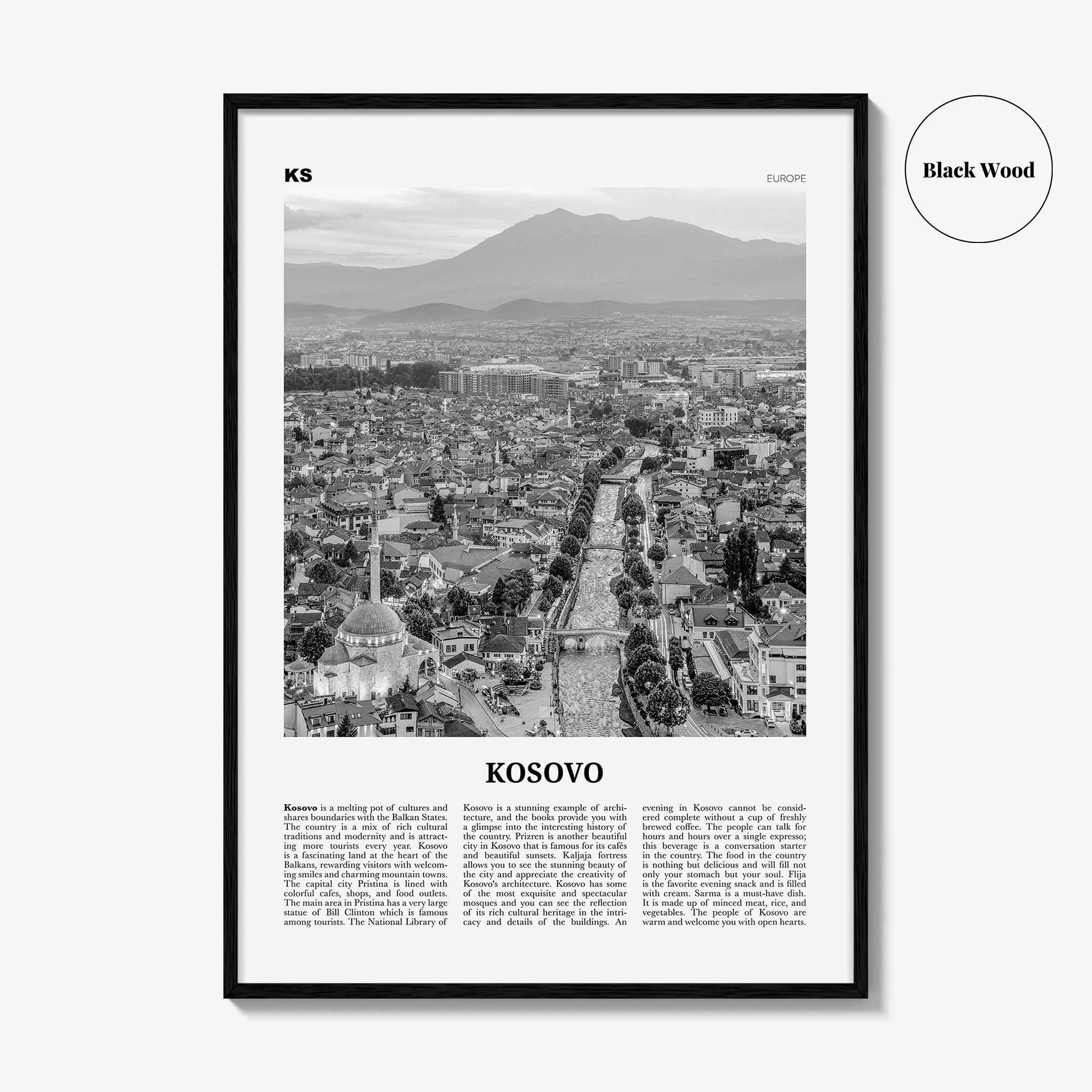 Kosovo Print Black and White, Kosovo Wall Art, Kosovo Poster, Kosovo Photo, Kosovo Wall Decor, Country Art Print