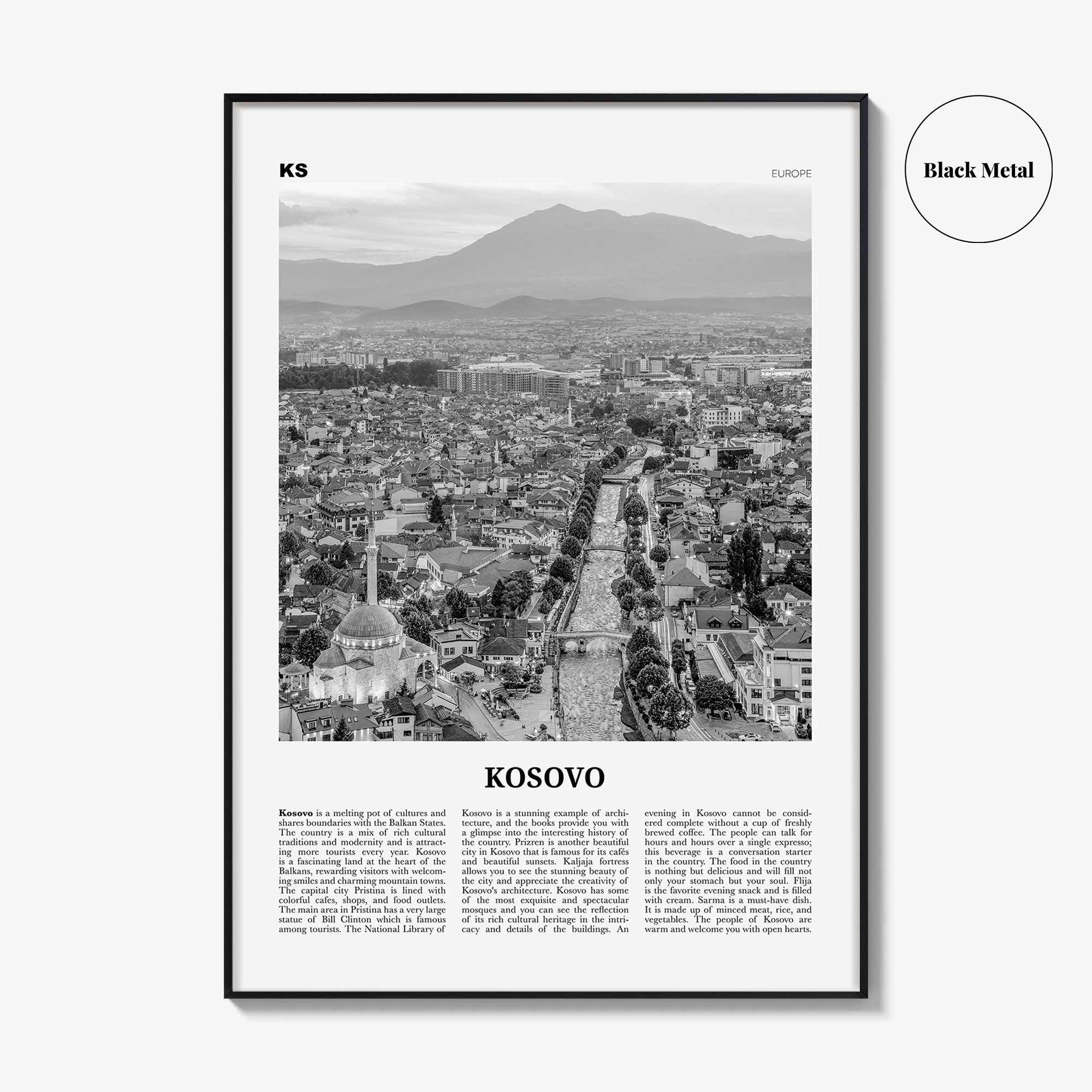Kosovo Print Black and White, Kosovo Wall Art, Kosovo Poster, Kosovo Photo, Kosovo Wall Decor, Country Art Print
