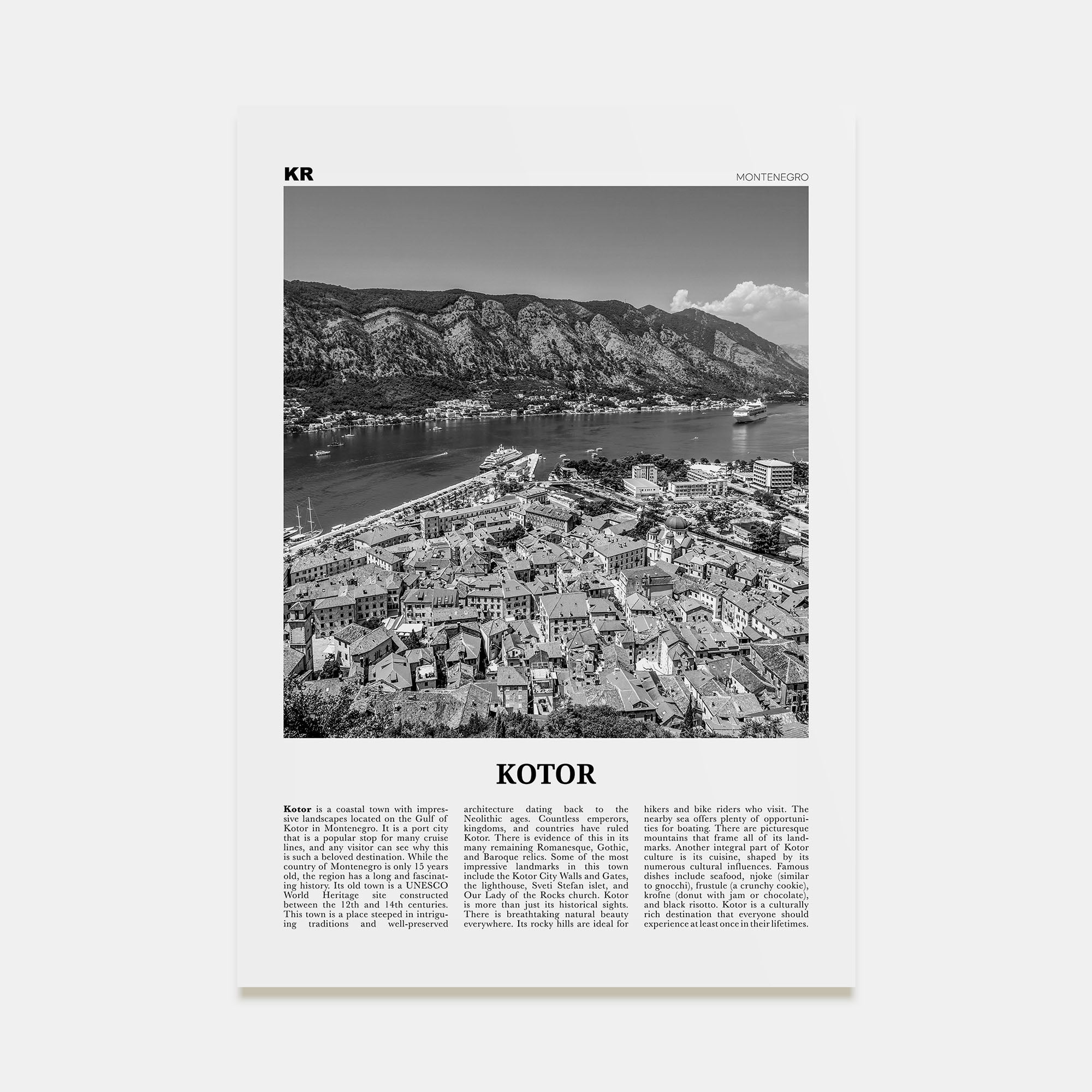 Kotor Travel B&W Poster