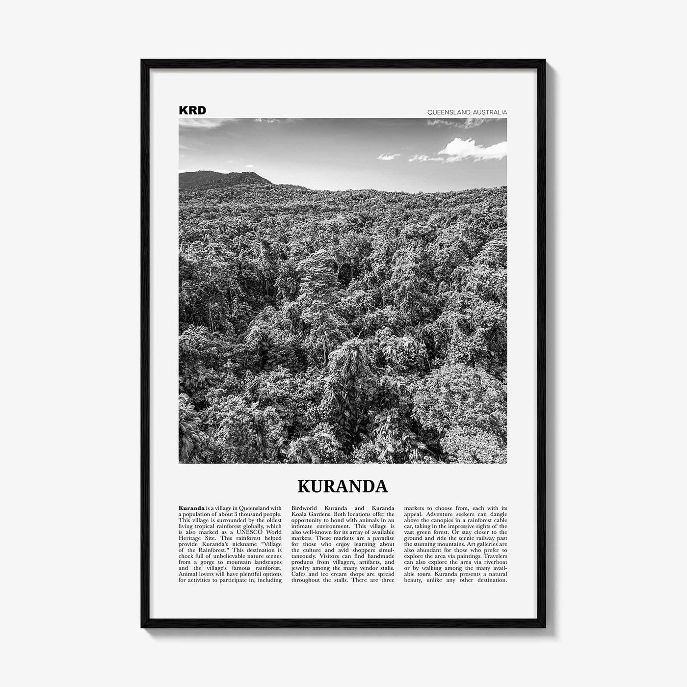 Kuranda Print Black and White, Kuranda Wall Art, Kuranda Poster, Kuranda Photo, Kuranda Wall Décor, Queensland, Australia