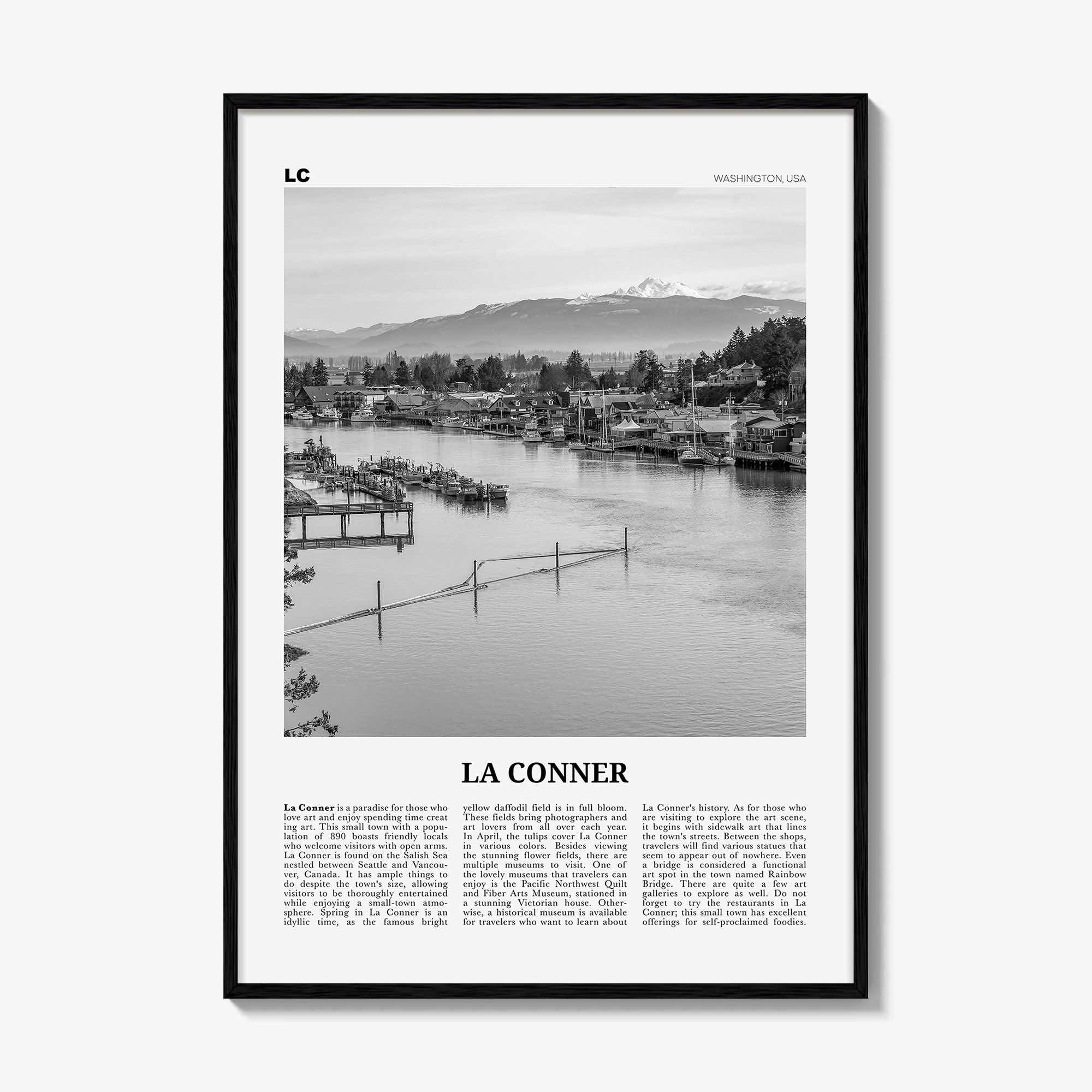 La Conner Print Black and White, La Conner Wall Art, La Conner Poster, La Conner Photo, La Conner Wall Décor, La Conner Map, Washington, USA