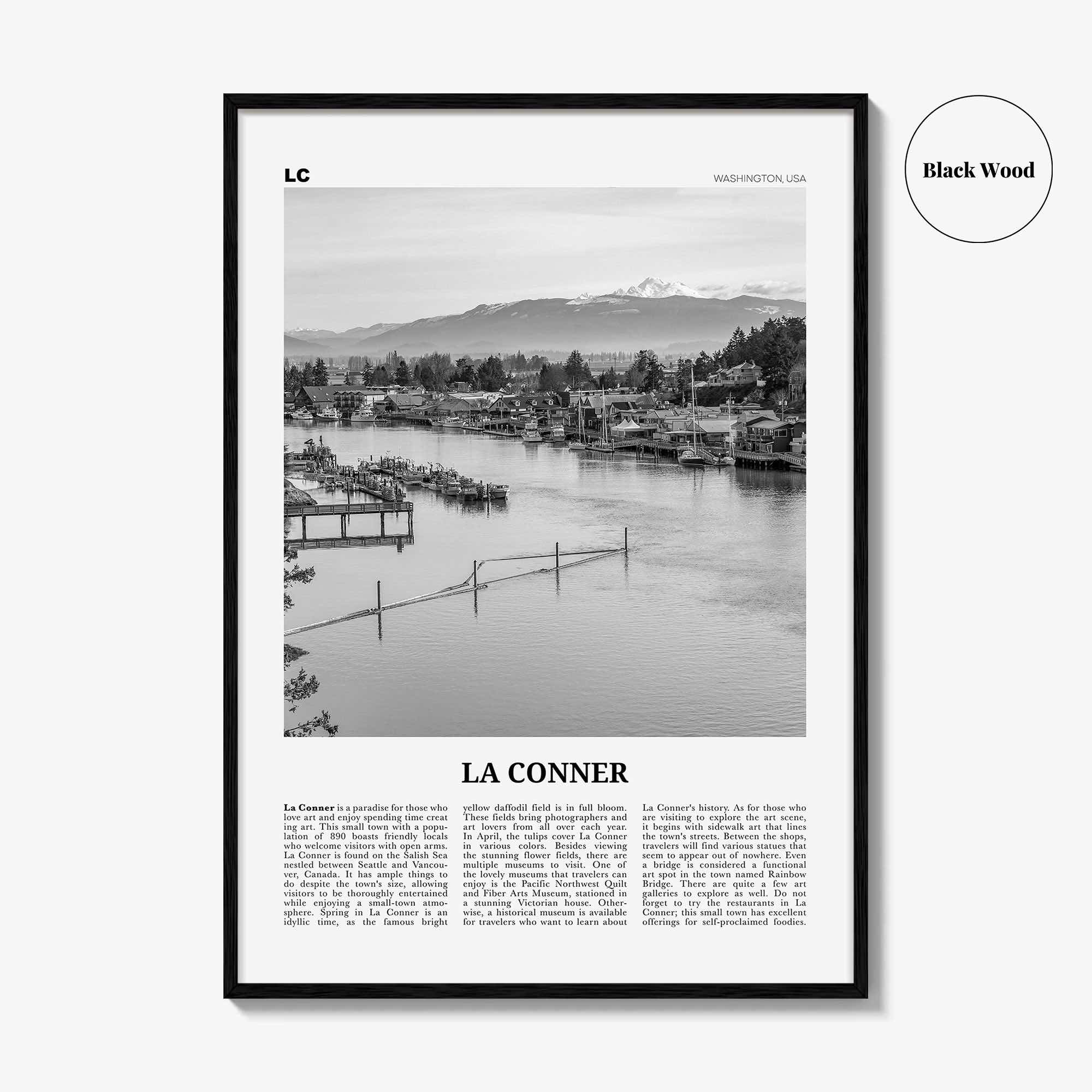 La Conner Print Black and White, La Conner Wall Art, La Conner Poster, La Conner Photo, La Conner Wall Décor, La Conner Map, Washington, USA