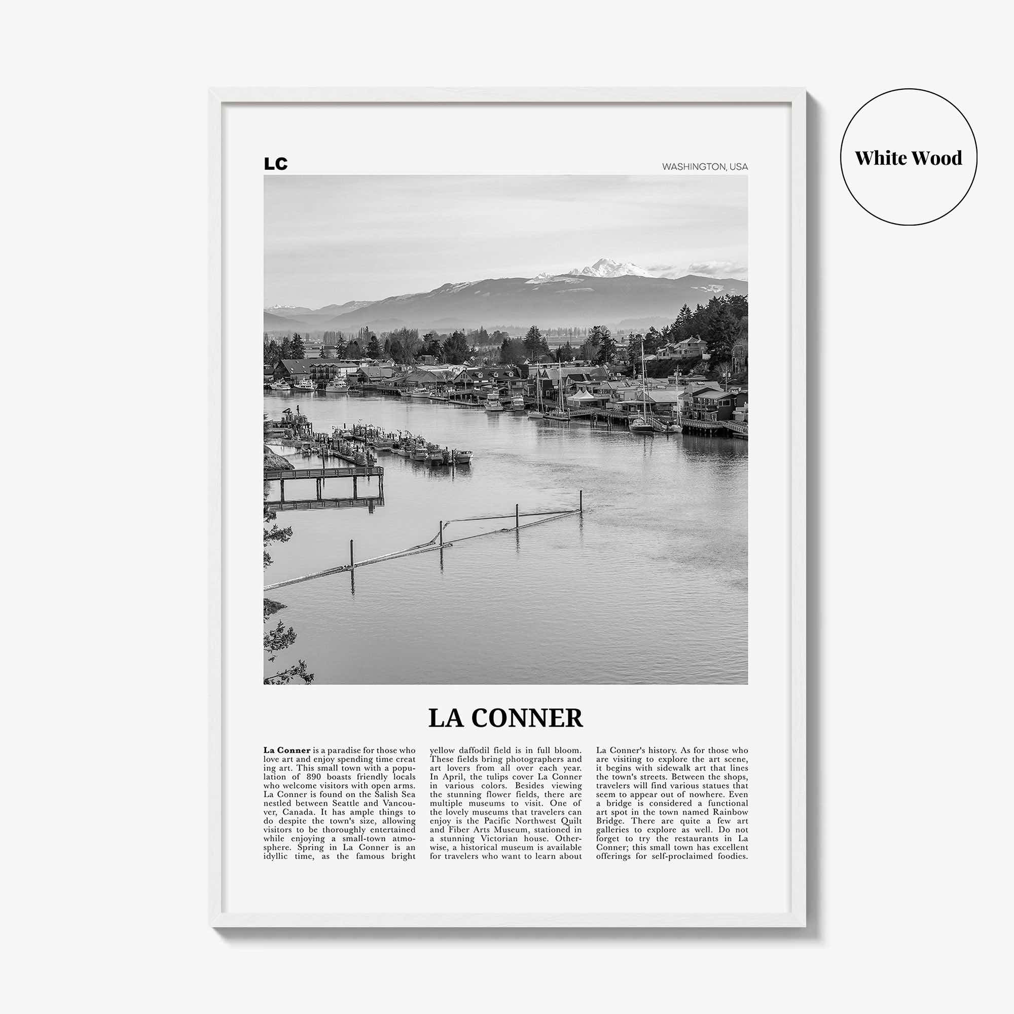 La Conner Print Black and White, La Conner Wall Art, La Conner Poster, La Conner Photo, La Conner Wall Décor, La Conner Map, Washington, USA