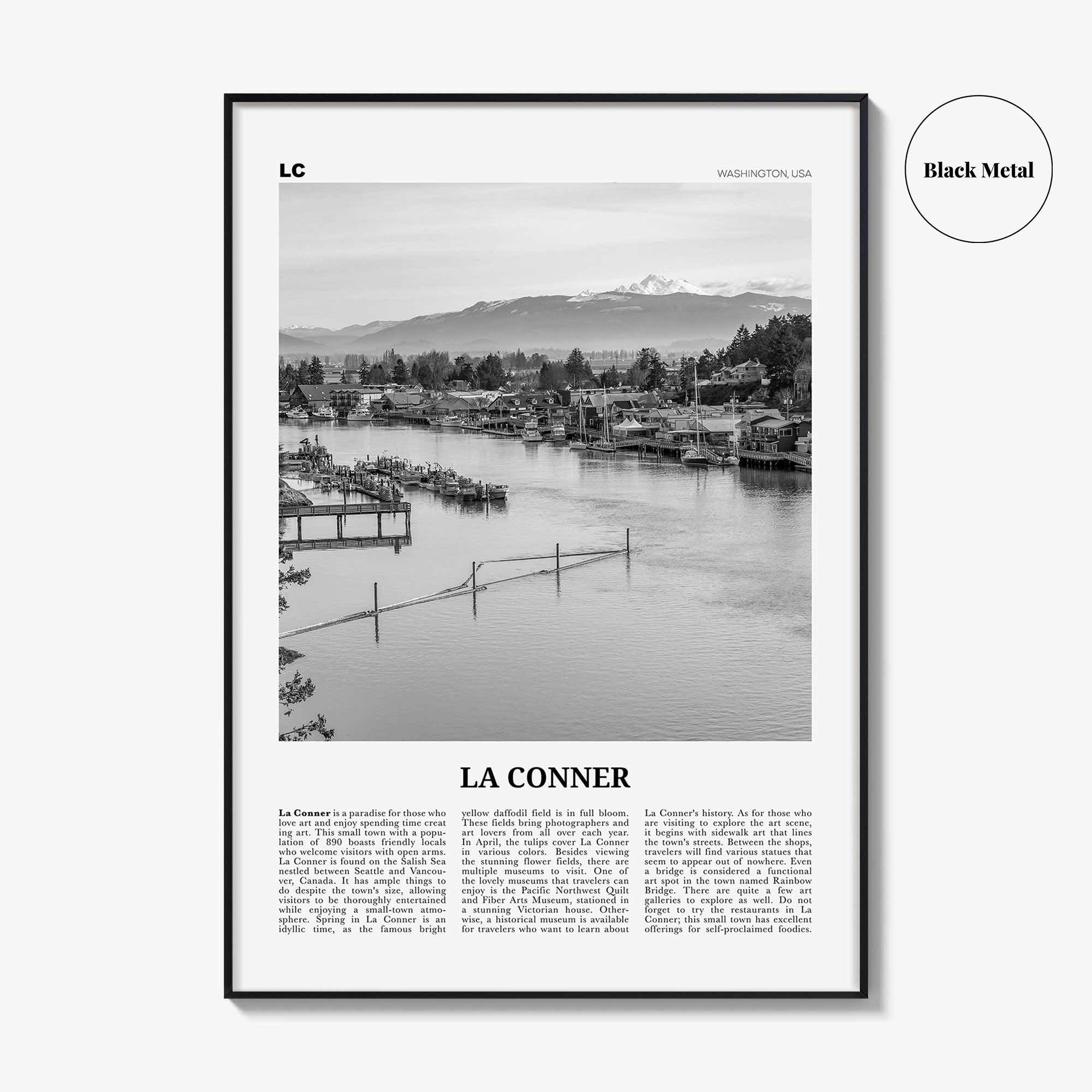 La Conner Print Black and White, La Conner Wall Art, La Conner Poster, La Conner Photo, La Conner Wall Décor, La Conner Map, Washington, USA
