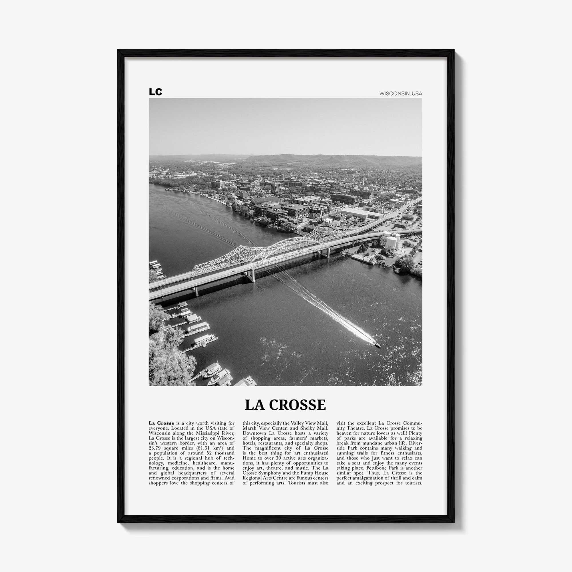 La Crosse Print Black and White, La Crosse Wall Art, La Crosse Poster, La Crosse Photo, La Crosse Map, La Crosse Wall Decor, Wisconsin