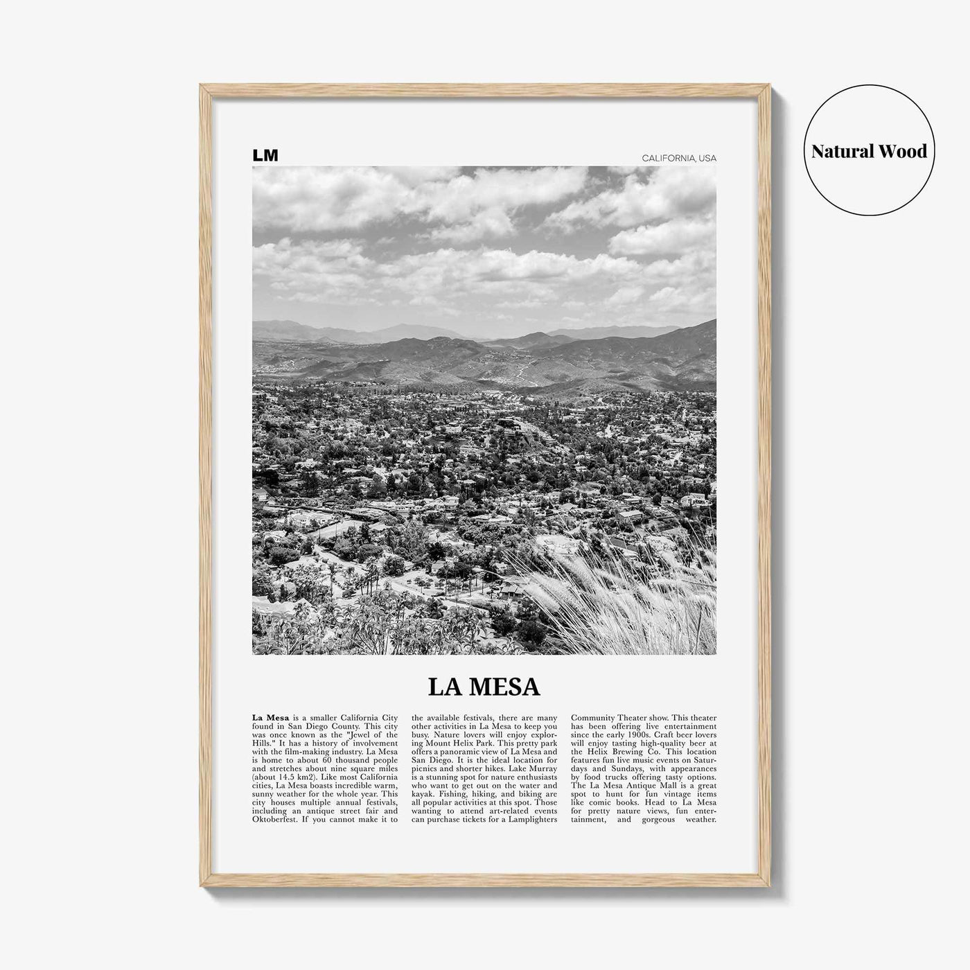 La Mesa Print Black and White, La Mesa Wall Art, La Mesa Poster, La Mesa Photo, La Mesa Wall Décor, La Mesa Map, California, USA