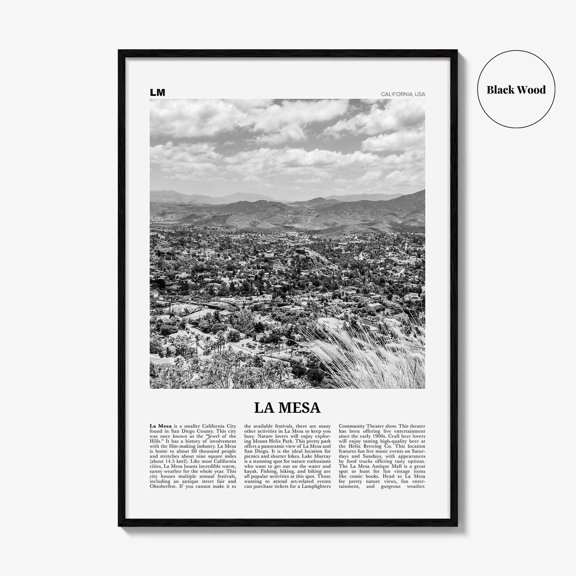 La Mesa Print Black and White, La Mesa Wall Art, La Mesa Poster, La Mesa Photo, La Mesa Wall Décor, La Mesa Map, California, USA