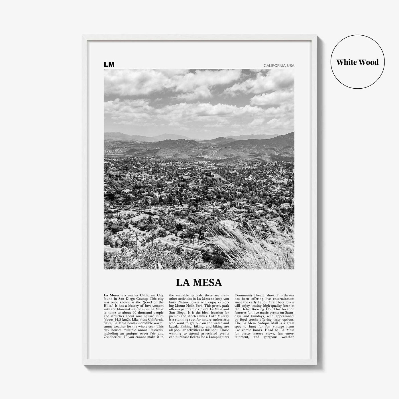 La Mesa Print Black and White, La Mesa Wall Art, La Mesa Poster, La Mesa Photo, La Mesa Wall Décor, La Mesa Map, California, USA