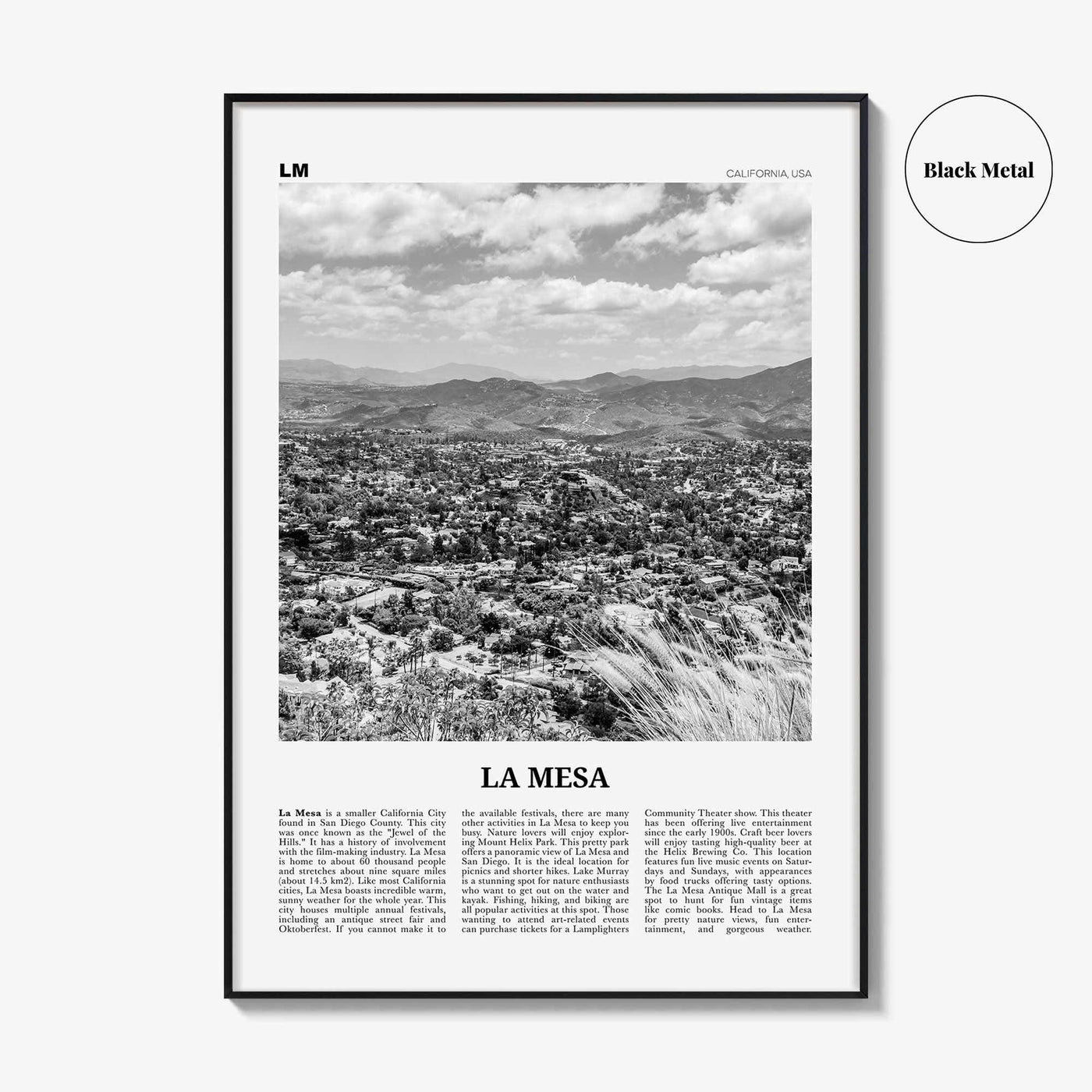 La Mesa Print Black and White, La Mesa Wall Art, La Mesa Poster, La Mesa Photo, La Mesa Wall Décor, La Mesa Map, California, USA