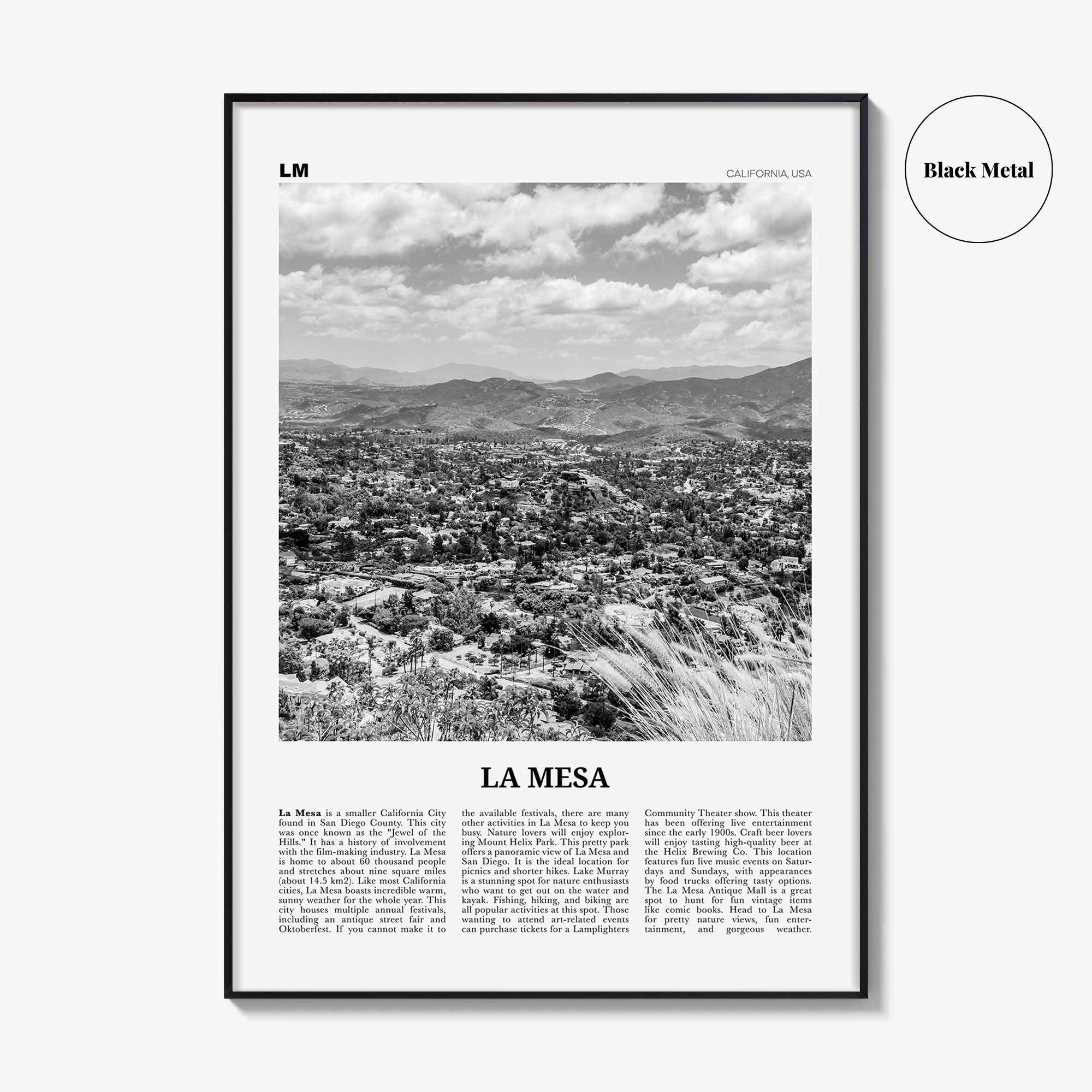 La Mesa Print Black and White, La Mesa Wall Art, La Mesa Poster, La Mesa Photo, La Mesa Wall Décor, La Mesa Map, California, USA