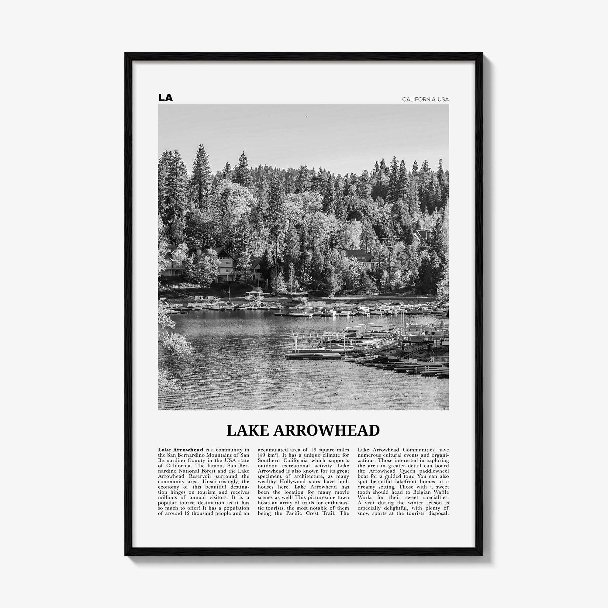 Lake Arrowhead Print Black and White, Lake Arrowhead Wall Art, Lake Arrowhead Poster, Lake Arrowhead Photo, Lake Arrowhead Map, California