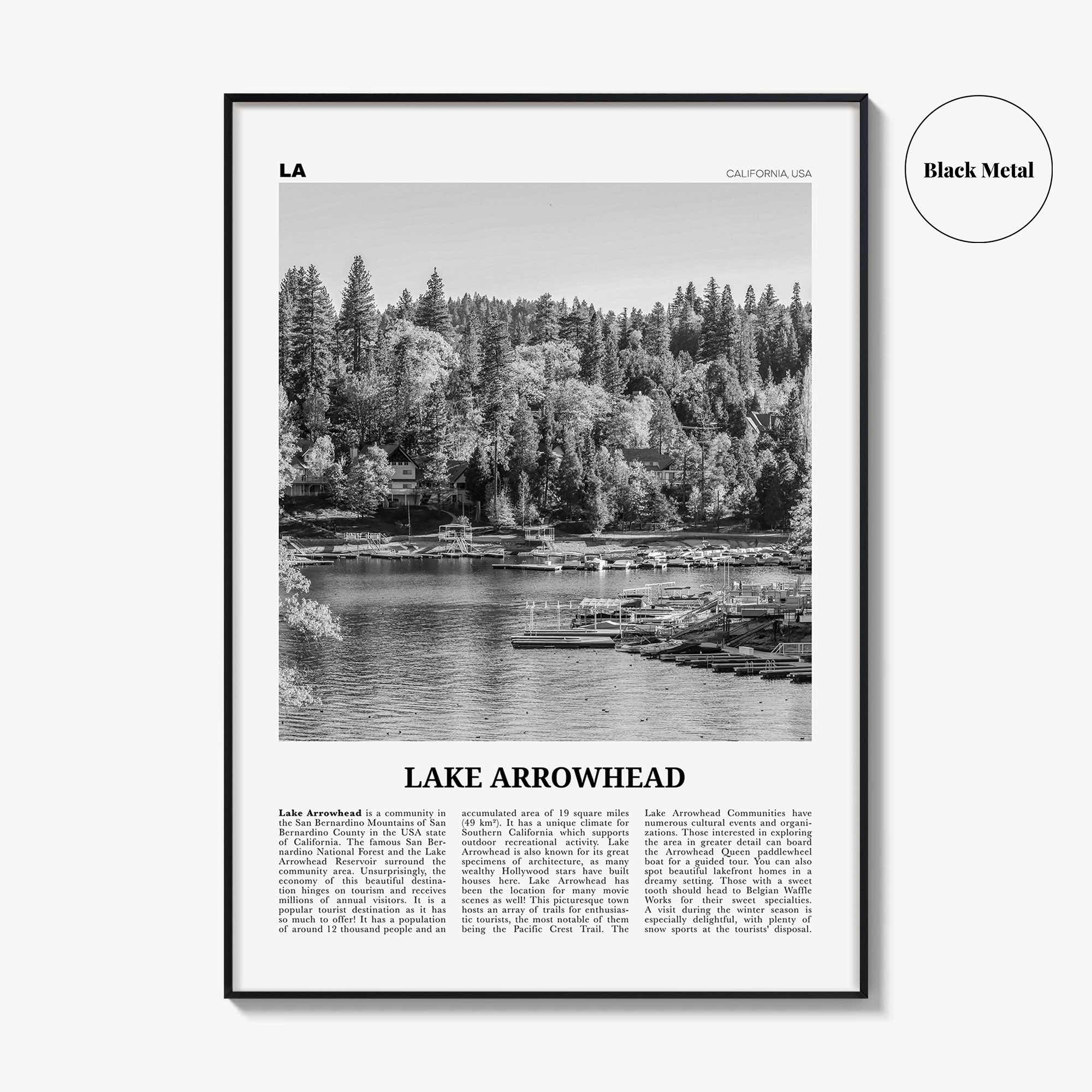 Lake Arrowhead Print Black and White, Lake Arrowhead Wall Art, Lake Arrowhead Poster, Lake Arrowhead Photo, Lake Arrowhead Map, California