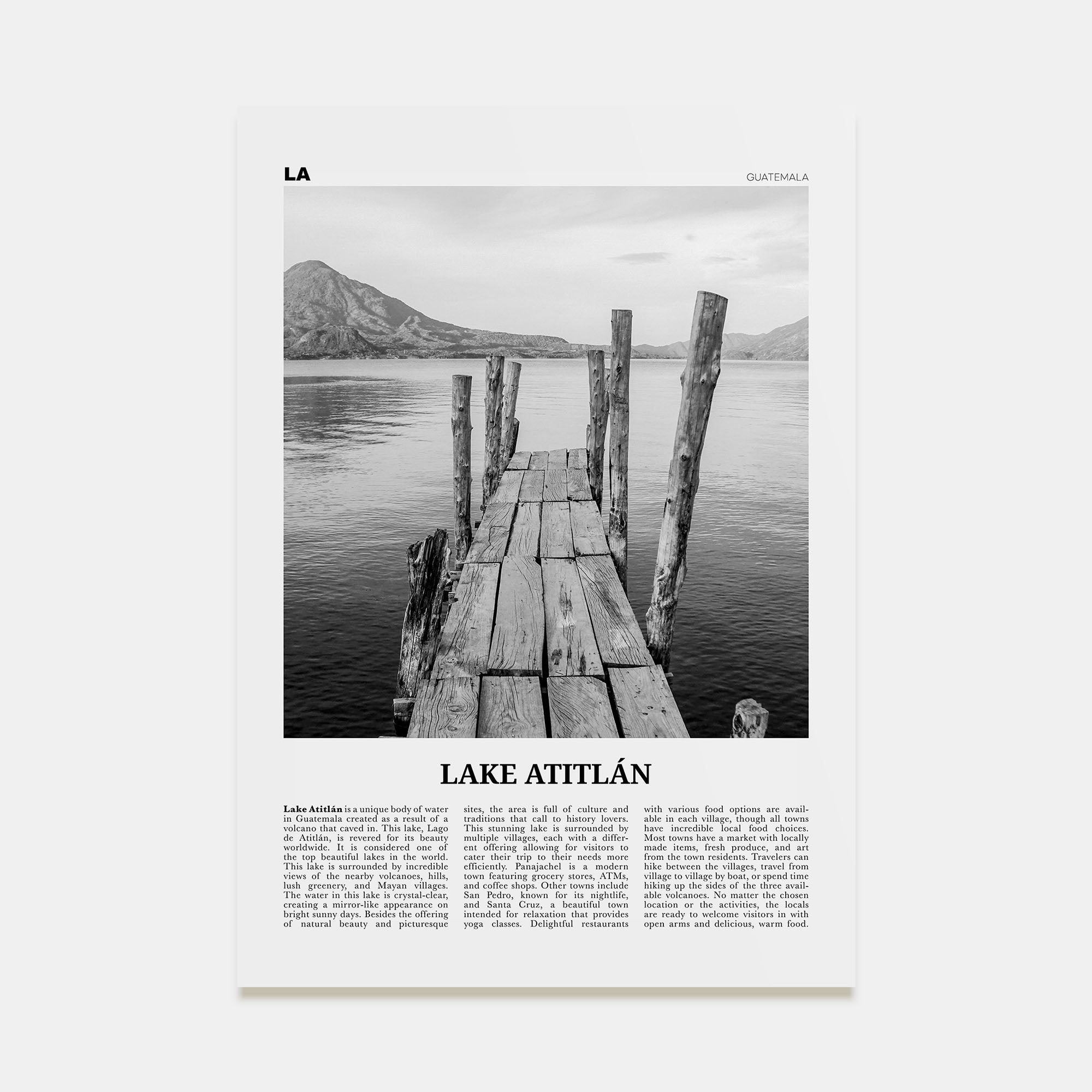 Lake Atitlán Travel B&W Poster