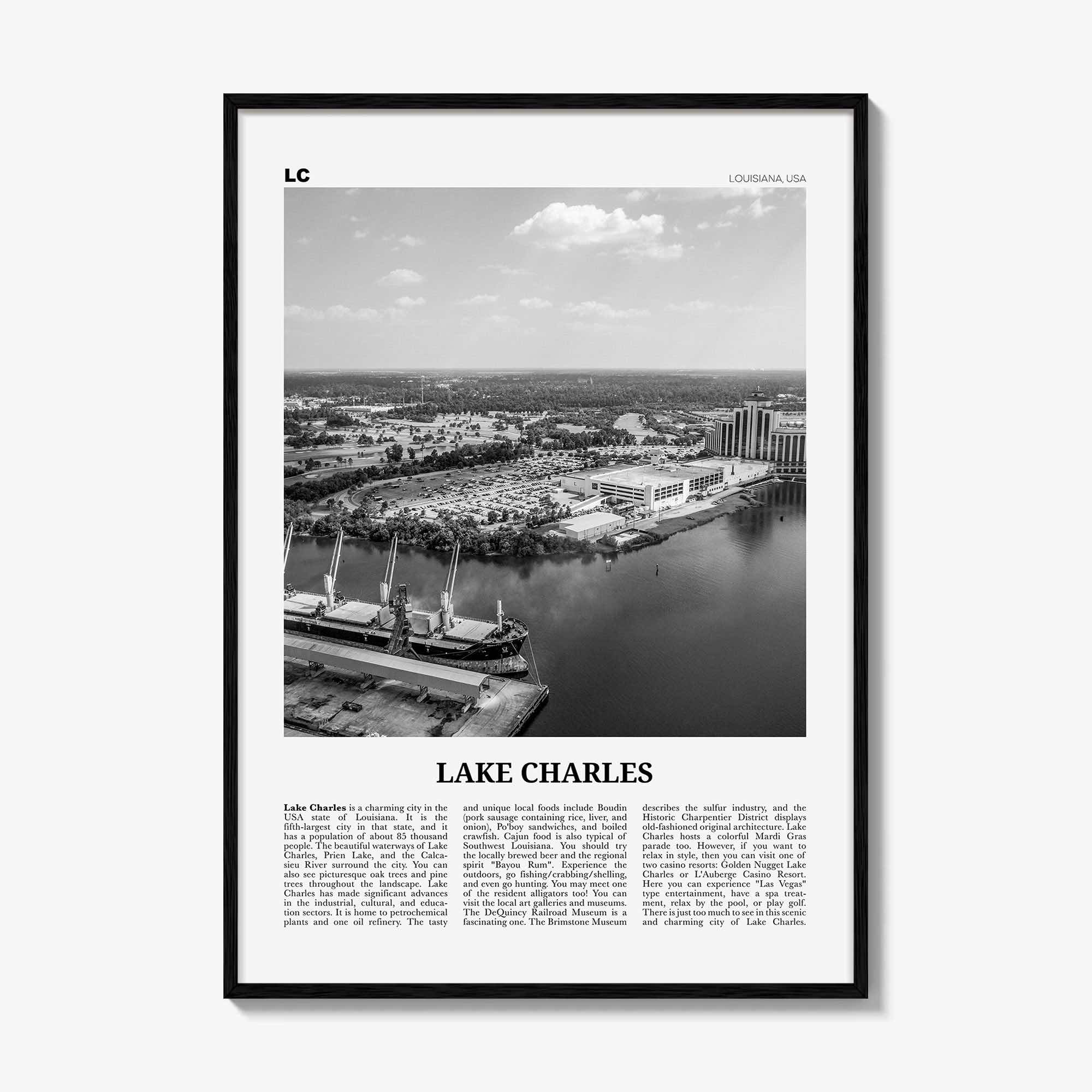Lake Charles Print Black and White, Lake Charles Wall Art, Lake Charles Poster, Lake Charles Photo, Lake Charles Map, Louisiana, USA