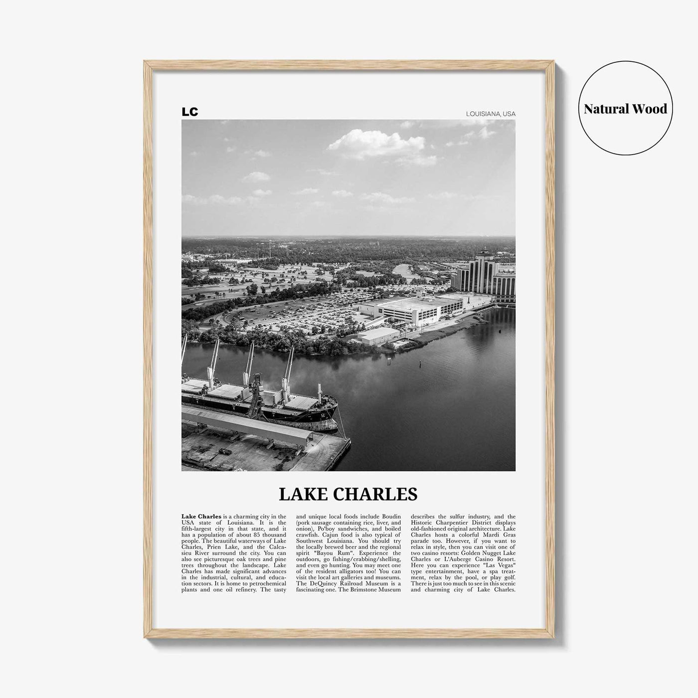 Lake Charles Print Black and White, Lake Charles Wall Art, Lake Charles Poster, Lake Charles Photo, Lake Charles Map, Louisiana, USA