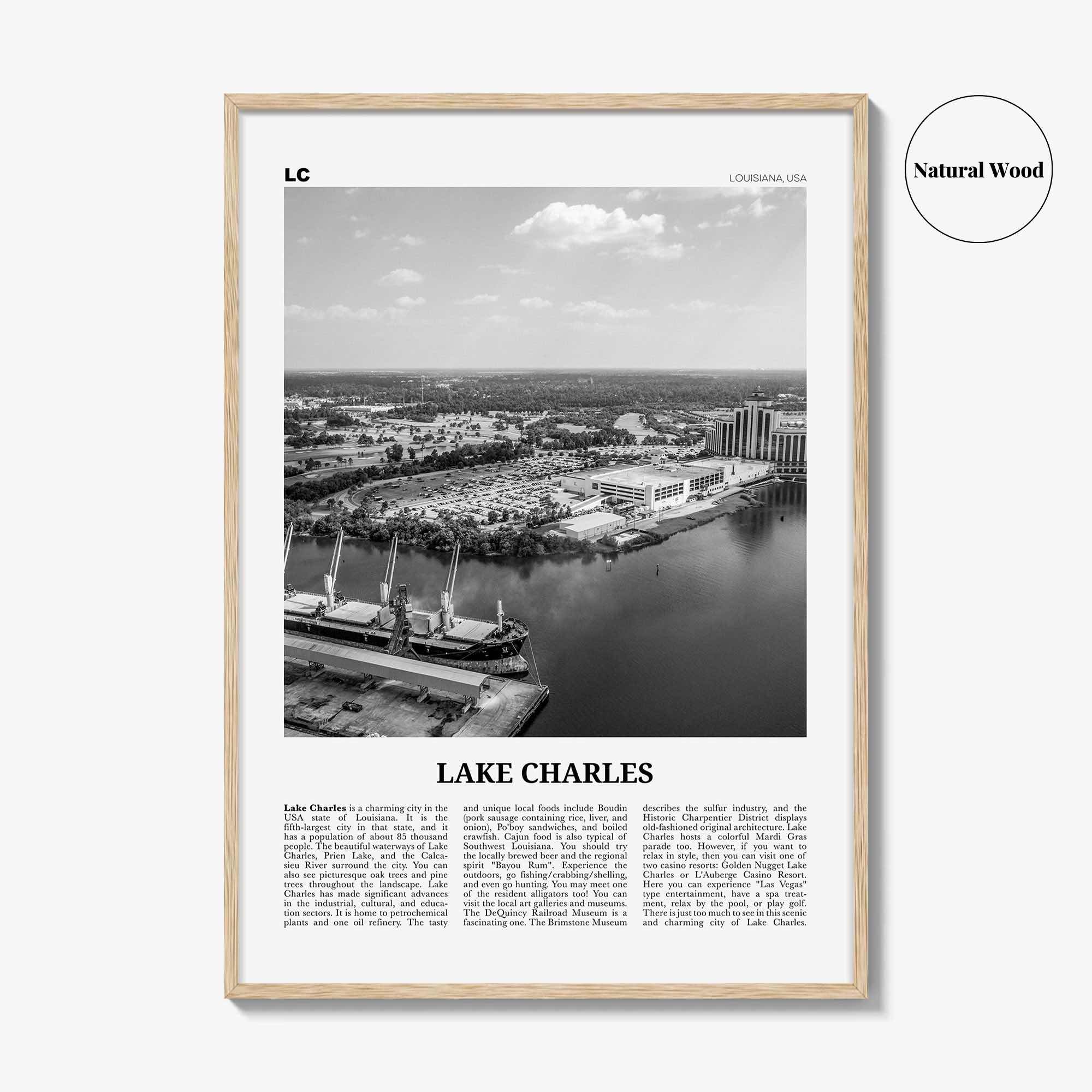 Lake Charles Print Black and White, Lake Charles Wall Art, Lake Charles Poster, Lake Charles Photo, Lake Charles Map, Louisiana, USA