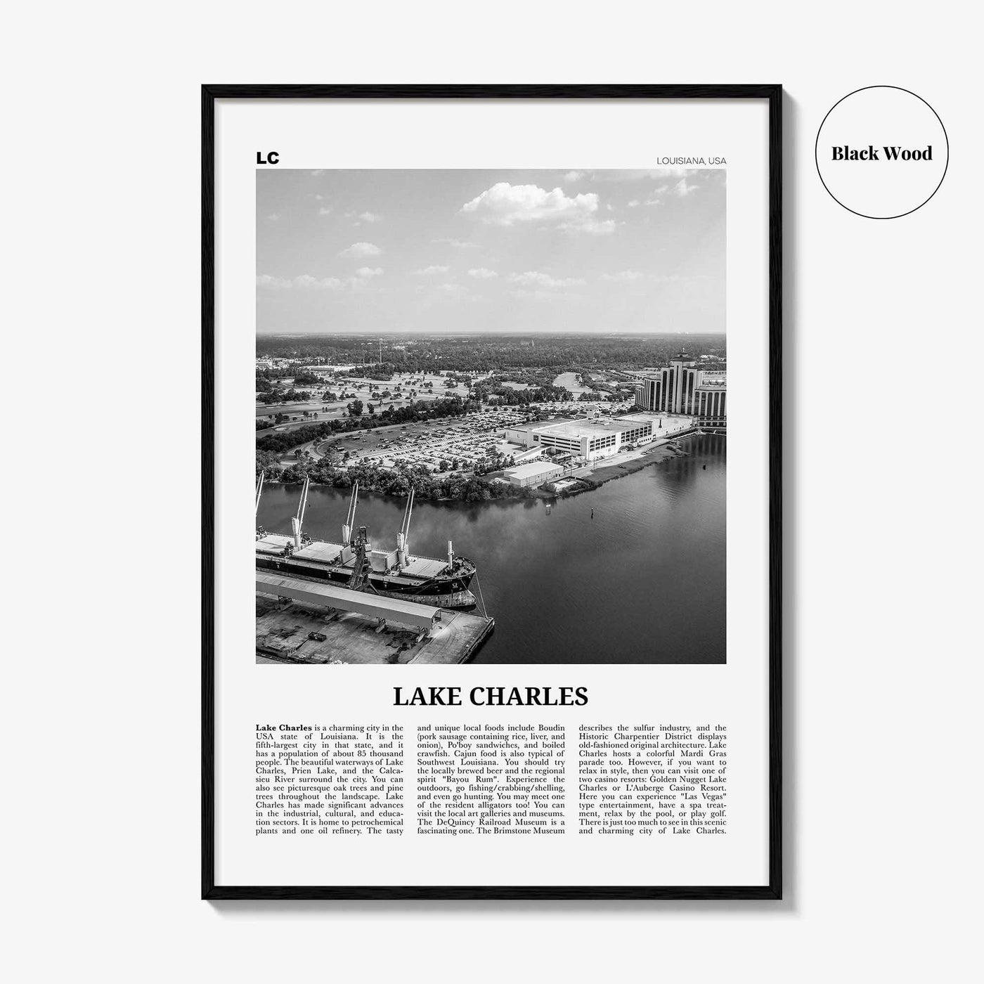 Lake Charles Print Black and White, Lake Charles Wall Art, Lake Charles Poster, Lake Charles Photo, Lake Charles Map, Louisiana, USA
