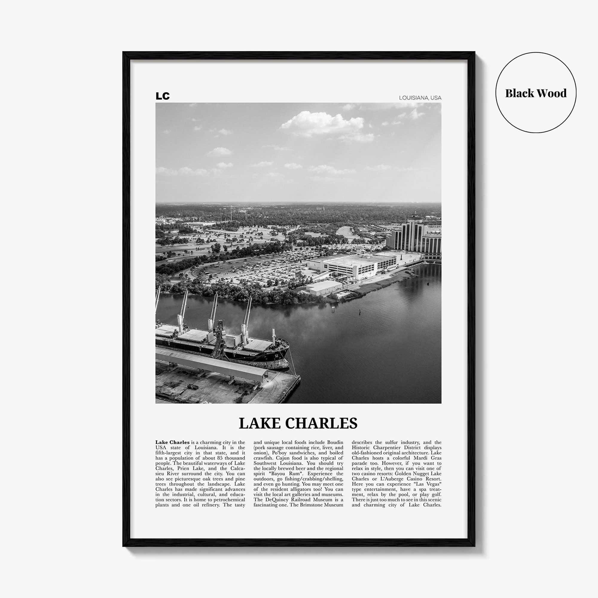 Lake Charles Print Black and White, Lake Charles Wall Art, Lake Charles Poster, Lake Charles Photo, Lake Charles Map, Louisiana, USA