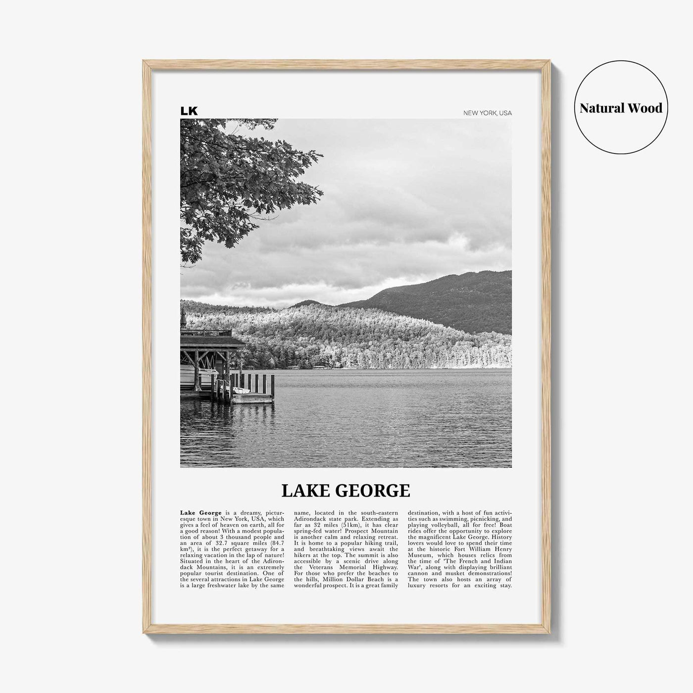 Lake George Print Black and White, Lake George Wall Art, Lake George Poster, Lake George Photo, Lake George Map, New York, USA