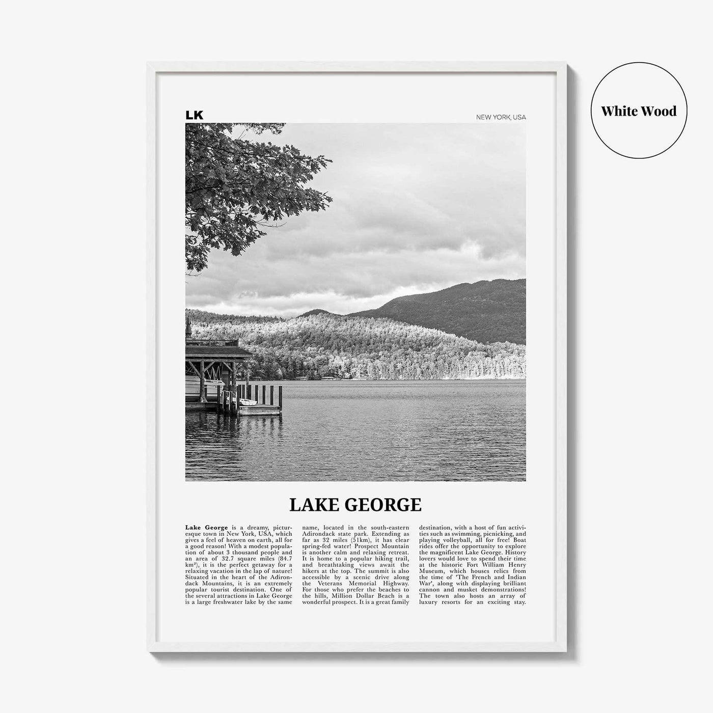 Lake George Print Black and White, Lake George Wall Art, Lake George Poster, Lake George Photo, Lake George Map, New York, USA