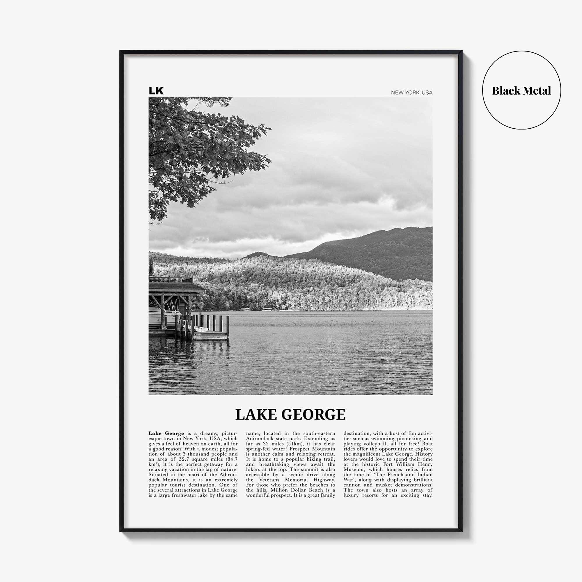 Lake George Print Black and White, Lake George Wall Art, Lake George Poster, Lake George Photo, Lake George Map, New York, USA