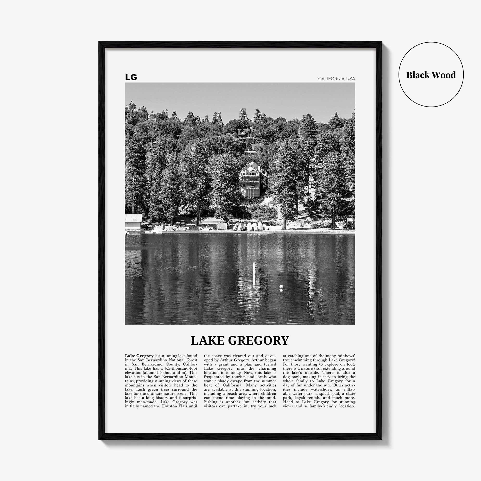 Lake Gregory Print Black and White, Lake Gregory  Wall Art, Lake Gregory Poster,  Lake Gregory Photo, Lake Gregory Wall Décor, California