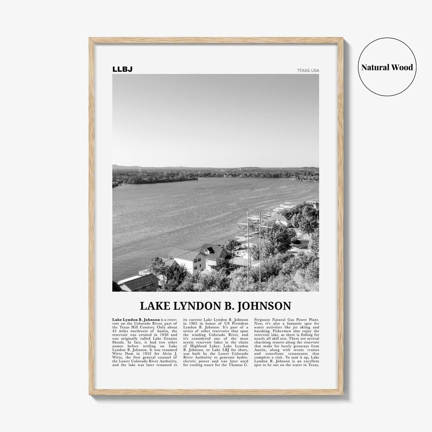 Lake Lyndon B Johnson Print Black and White, Lake Lyndon B. Johnson Wall Art, Poster, Photo, Wall Décor, Lake Lyndon B. Johnson Map,