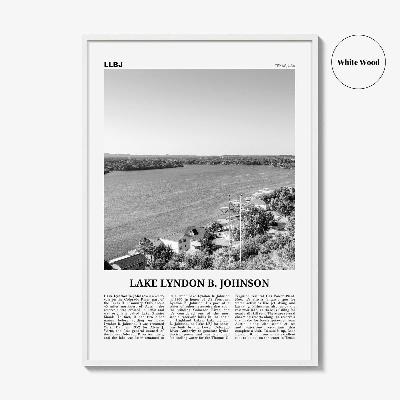 Lake Lyndon B Johnson Print Black and White, Lake Lyndon B. Johnson Wall Art, Poster, Photo, Wall Décor, Lake Lyndon B. Johnson Map,