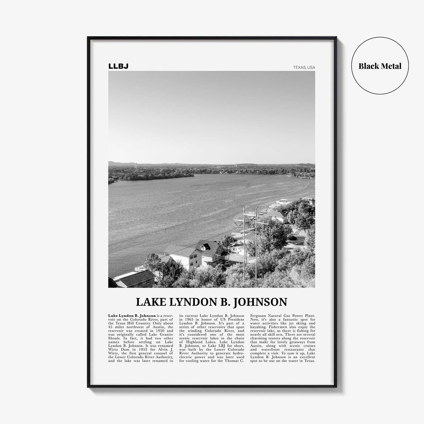 Lake Lyndon B Johnson Print Black and White, Lake Lyndon B. Johnson Wall Art, Poster, Photo, Wall Décor, Lake Lyndon B. Johnson Map,