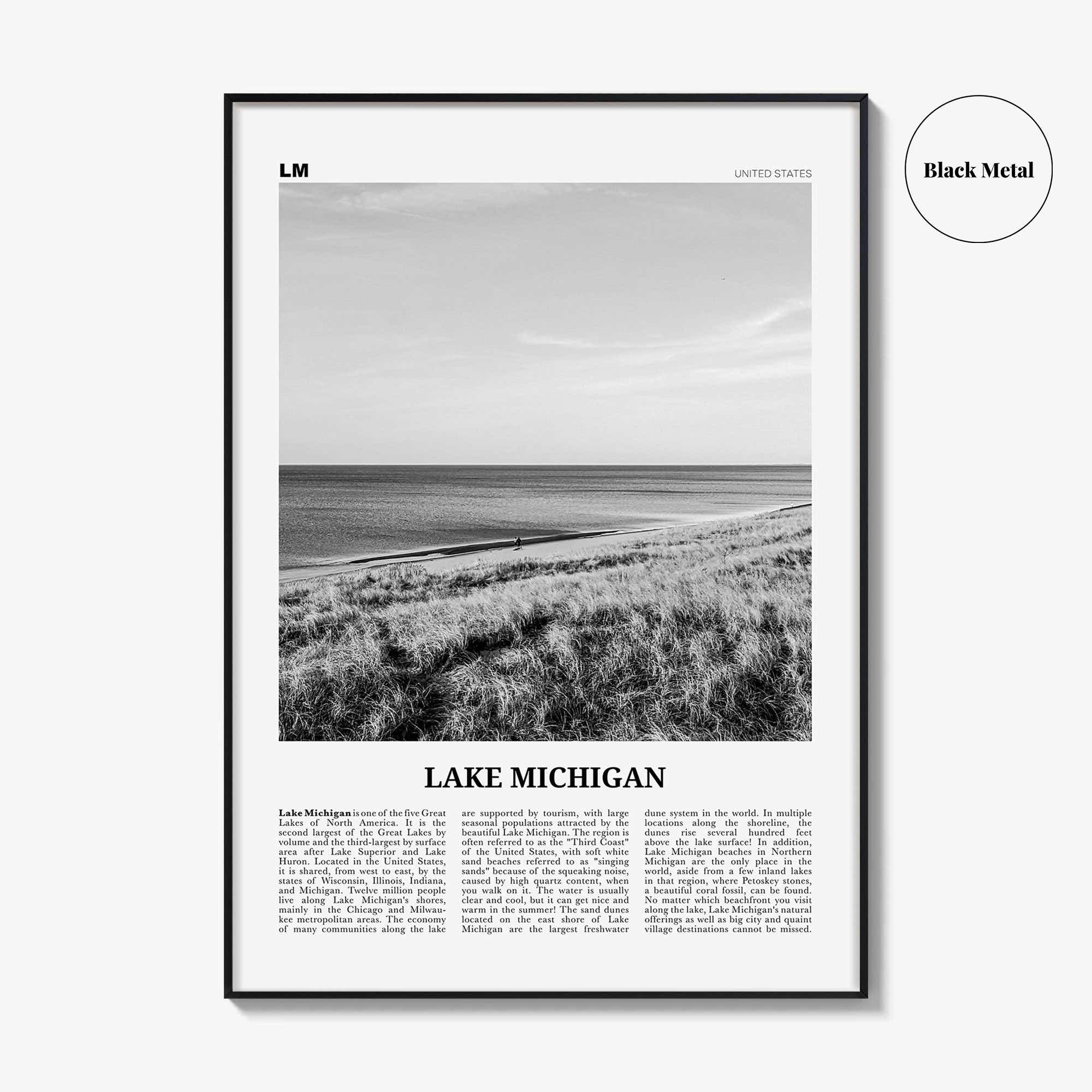 Lake Michigan Print Black and White, Lake Michigan Wall Art, Lake Michigan Poster, Lake Michigan Photo, United States, USA