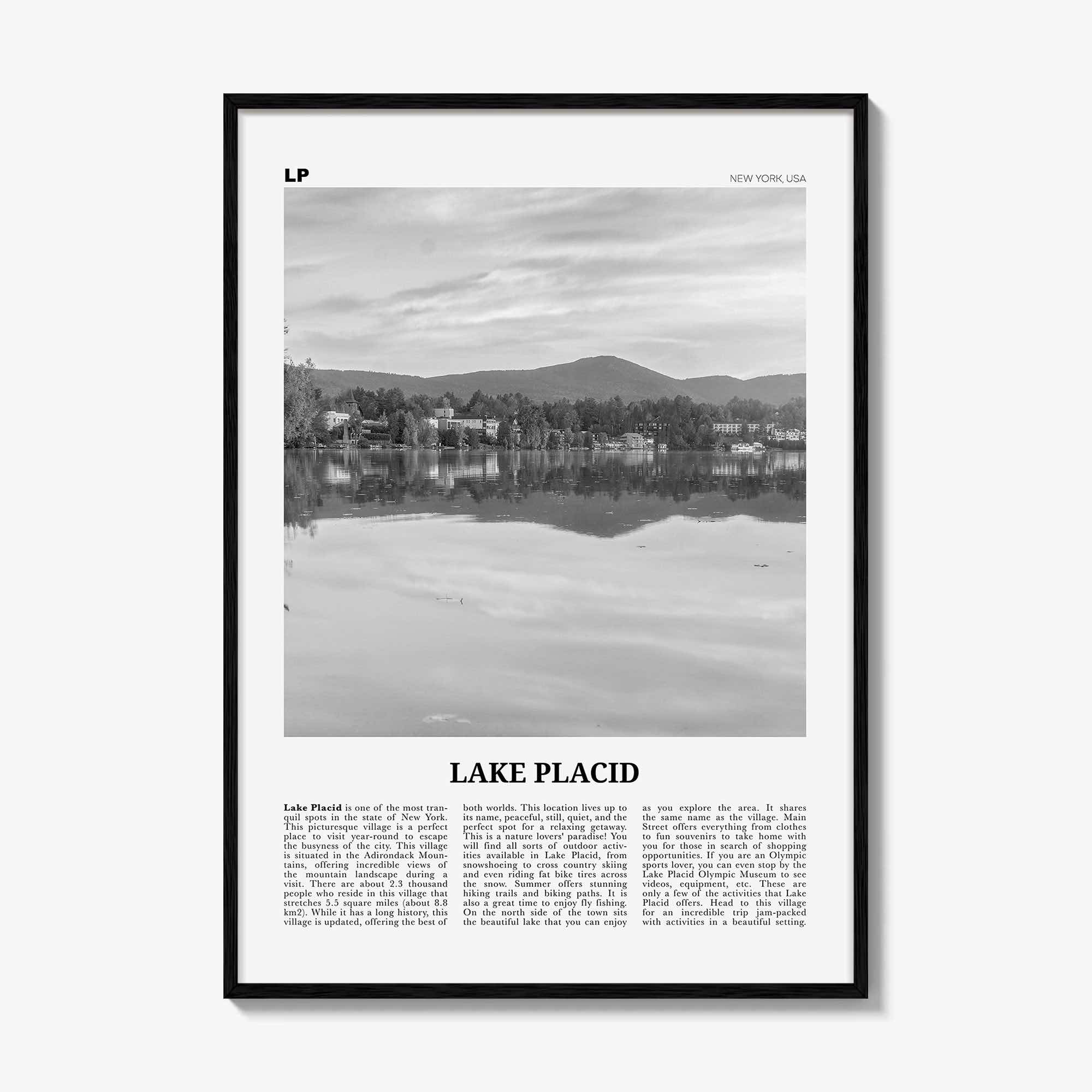 Lake Placid Print Black and White, Lake Placid Wall Art, Lake Placid Poster, Lake Placid Photo, Lake Placid Map, New York, USA