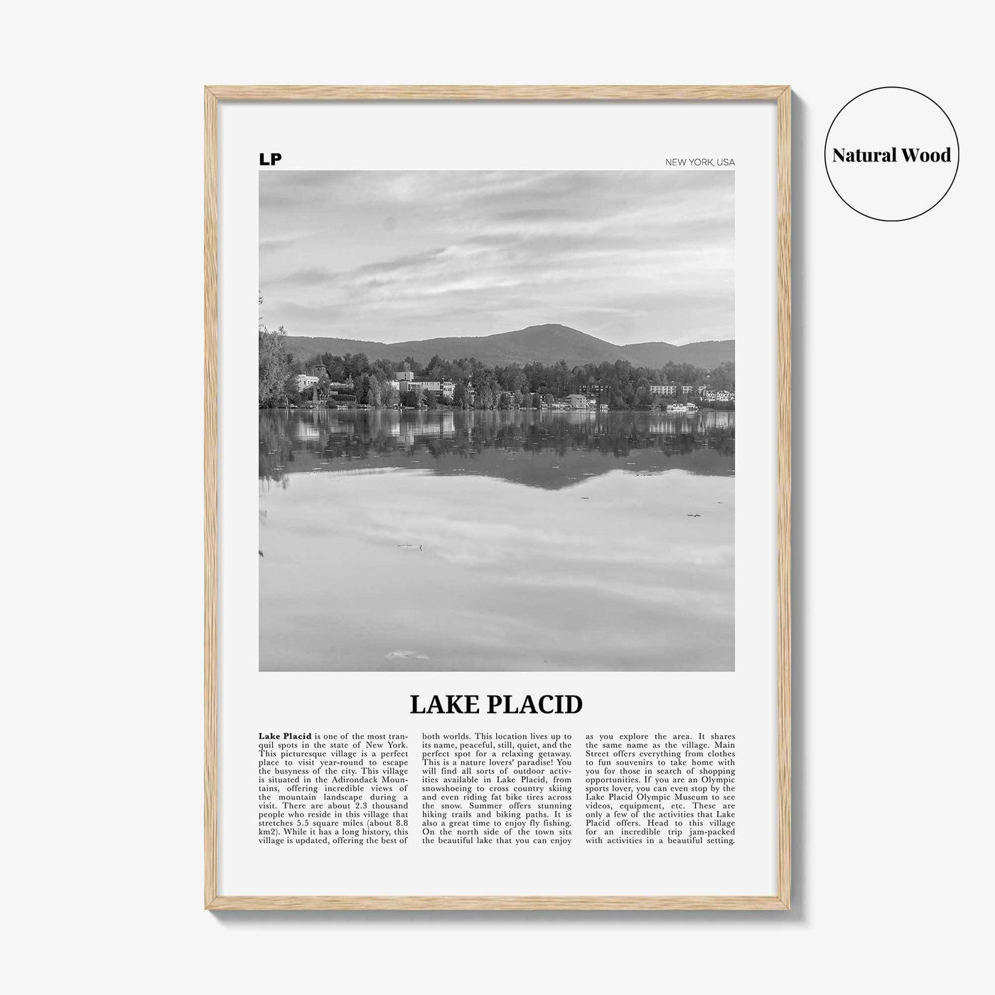 Lake Placid Print Black and White, Lake Placid Wall Art, Lake Placid Poster, Lake Placid Photo, Lake Placid Map, New York, USA