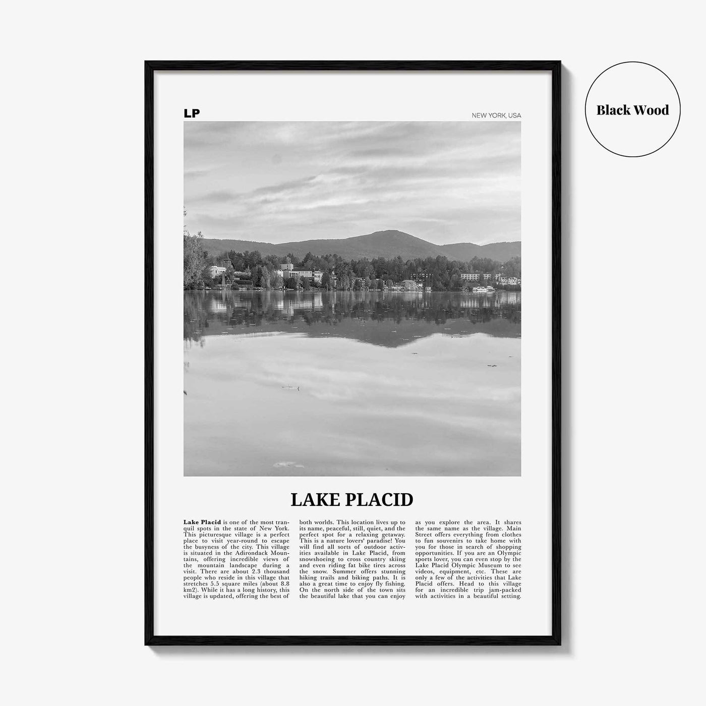 Lake Placid Print Black and White, Lake Placid Wall Art, Lake Placid Poster, Lake Placid Photo, Lake Placid Map, New York, USA