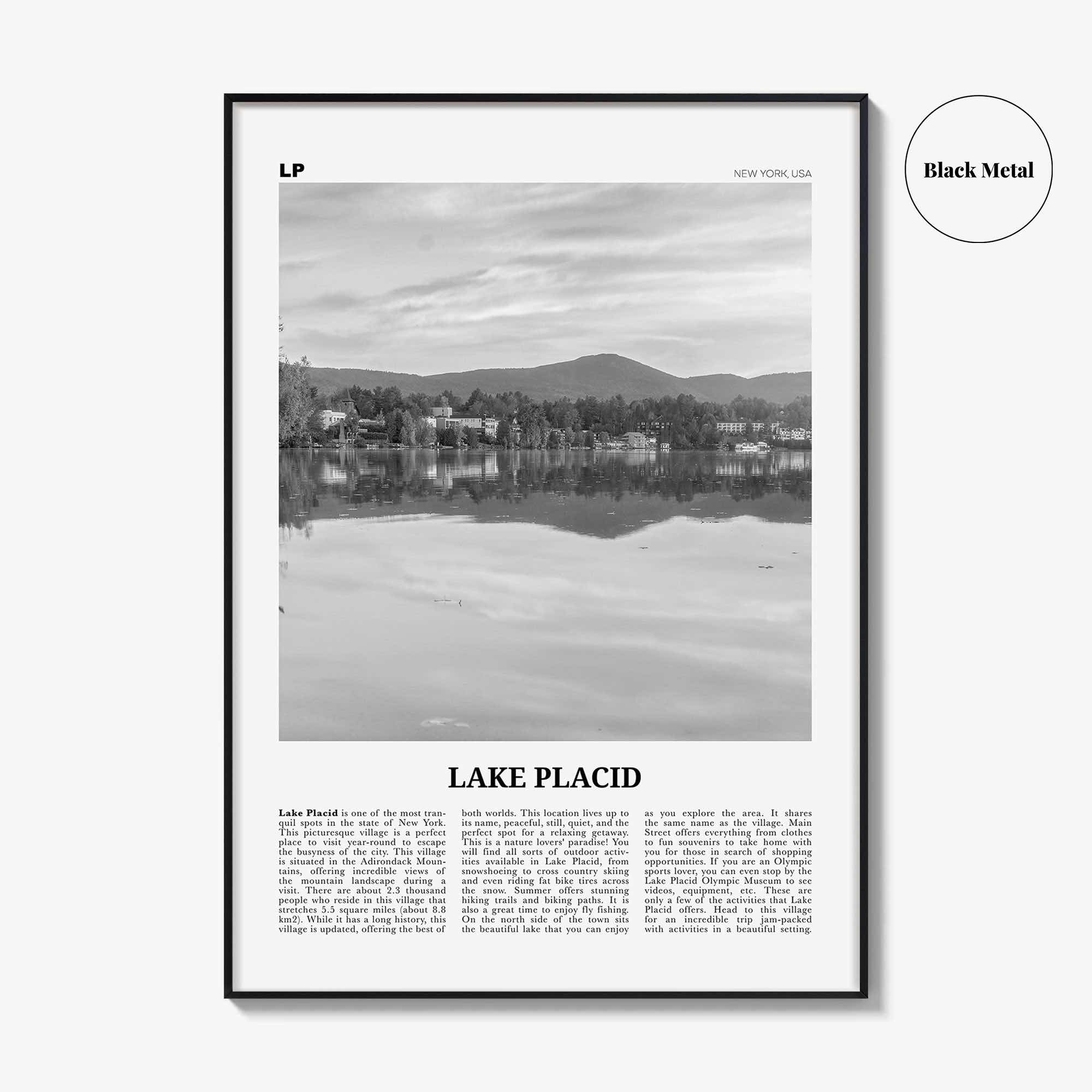 Lake Placid Print Black and White, Lake Placid Wall Art, Lake Placid Poster, Lake Placid Photo, Lake Placid Map, New York, USA