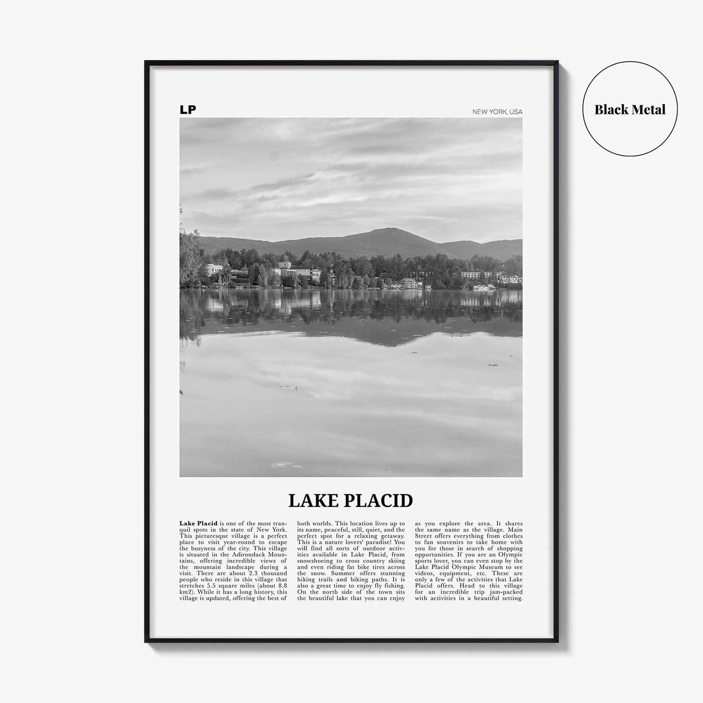 Lake Placid Print Black and White, Lake Placid Wall Art, Lake Placid Poster, Lake Placid Photo, Lake Placid Map, New York, USA