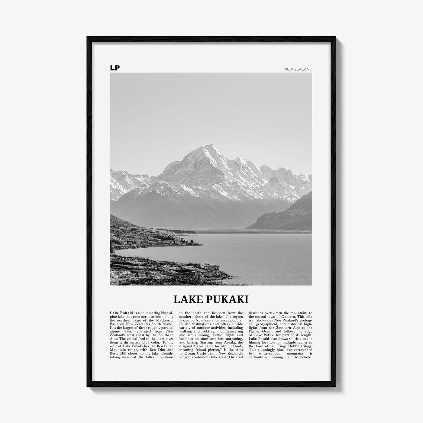 Lake Pukaki Print Black and White, Lake Pukaki Wall Art, Lake Pukaki Poster, Lake Pukaki Photo, New Zealand