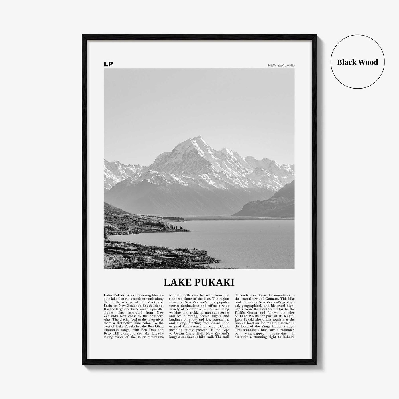 Lake Pukaki Print Black and White, Lake Pukaki Wall Art, Lake Pukaki Poster, Lake Pukaki Photo, New Zealand