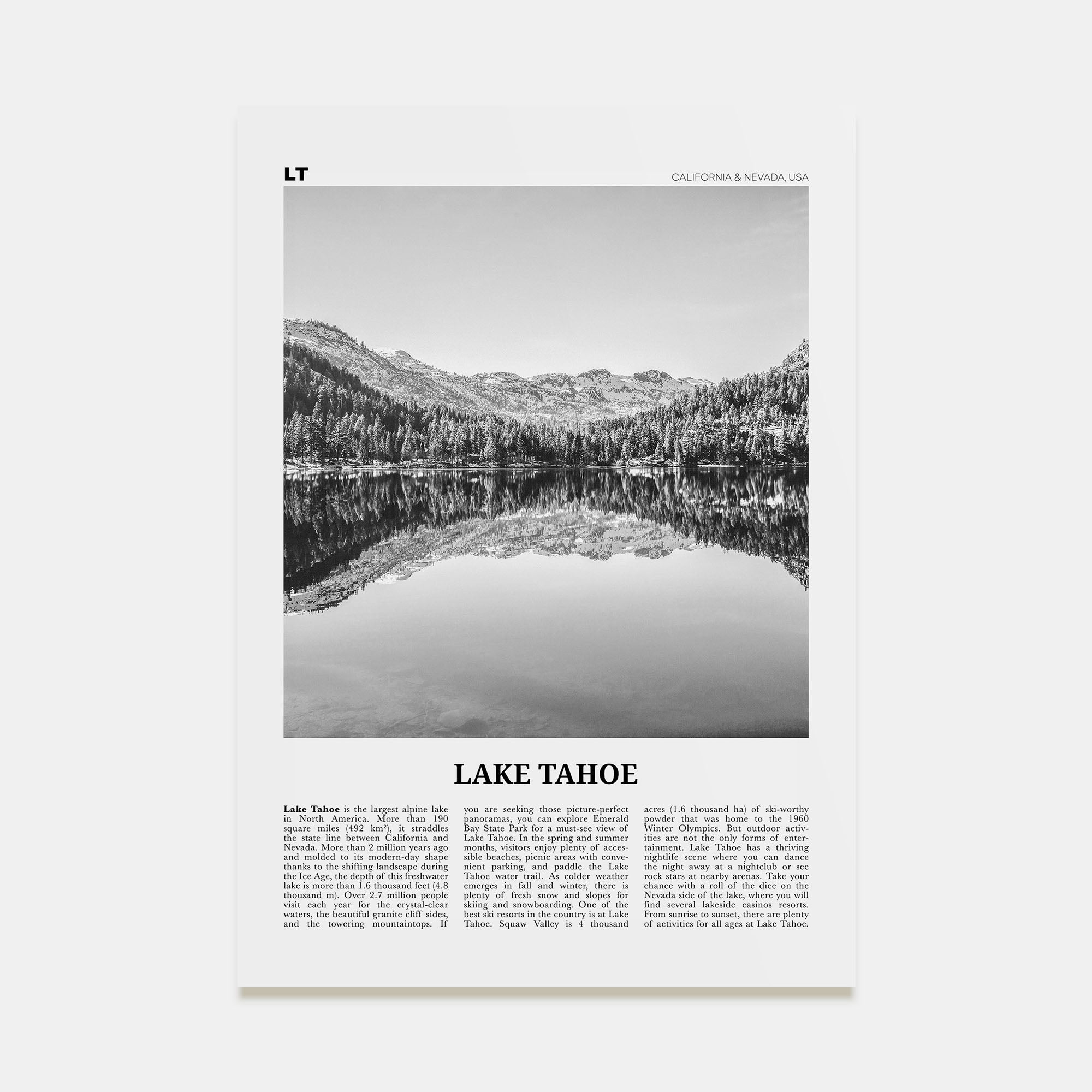 Lake Tahoe Travel B&W No 1 Poster