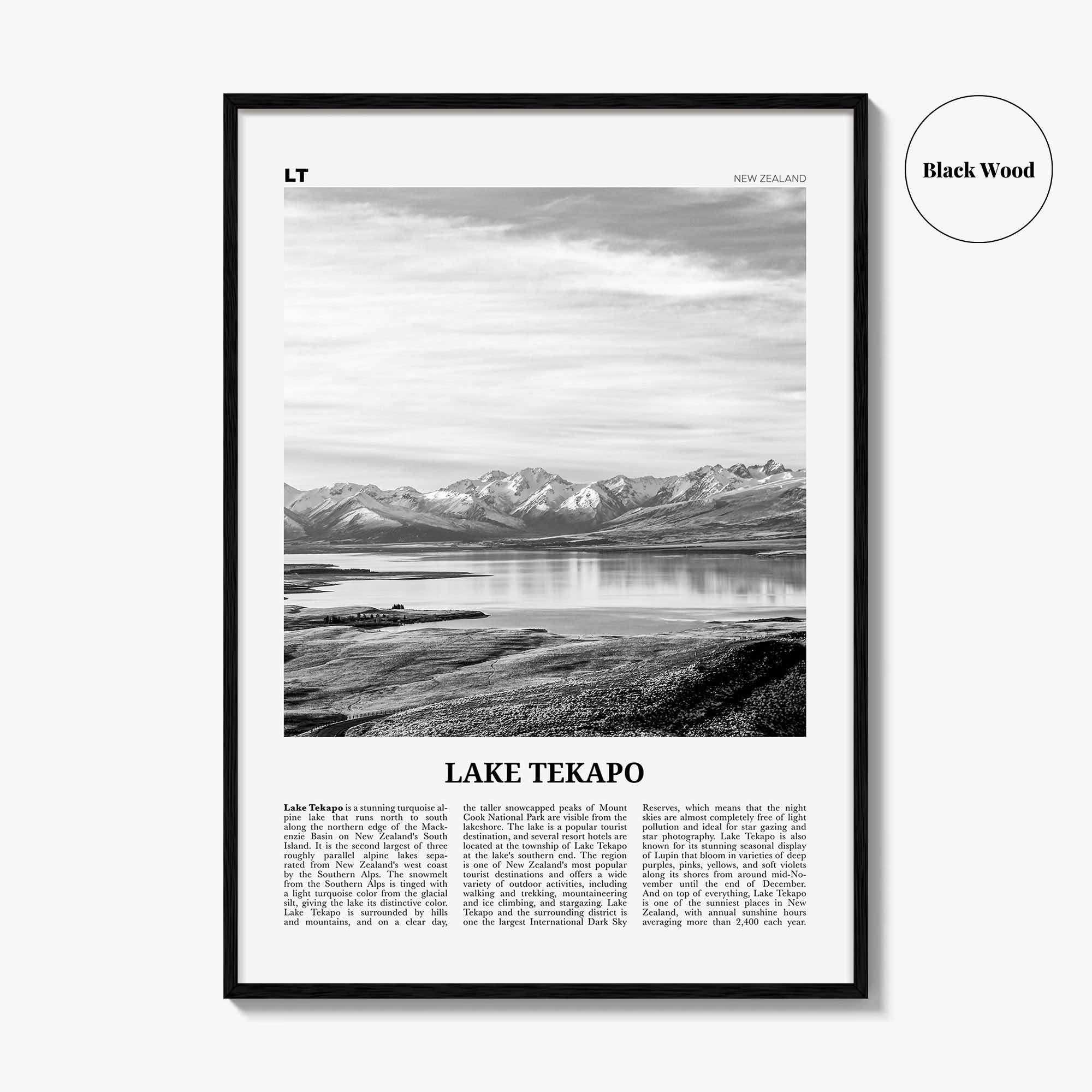 Lake Tekapo Print Black and White, Lake Tekapo Wall Art, Lake Tekapo Poster, Lake Tekapo Photo, New Zealand