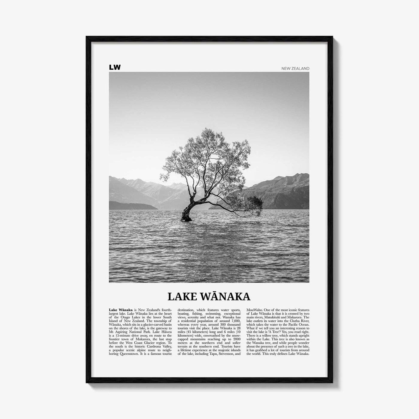 Lake Wanaka Print Black and White, Lake Wānaka Wall Art, Lake Wānaka Poster, Lake Wānaka Photo, Lake Wānaka Wall Décor, New Zealand