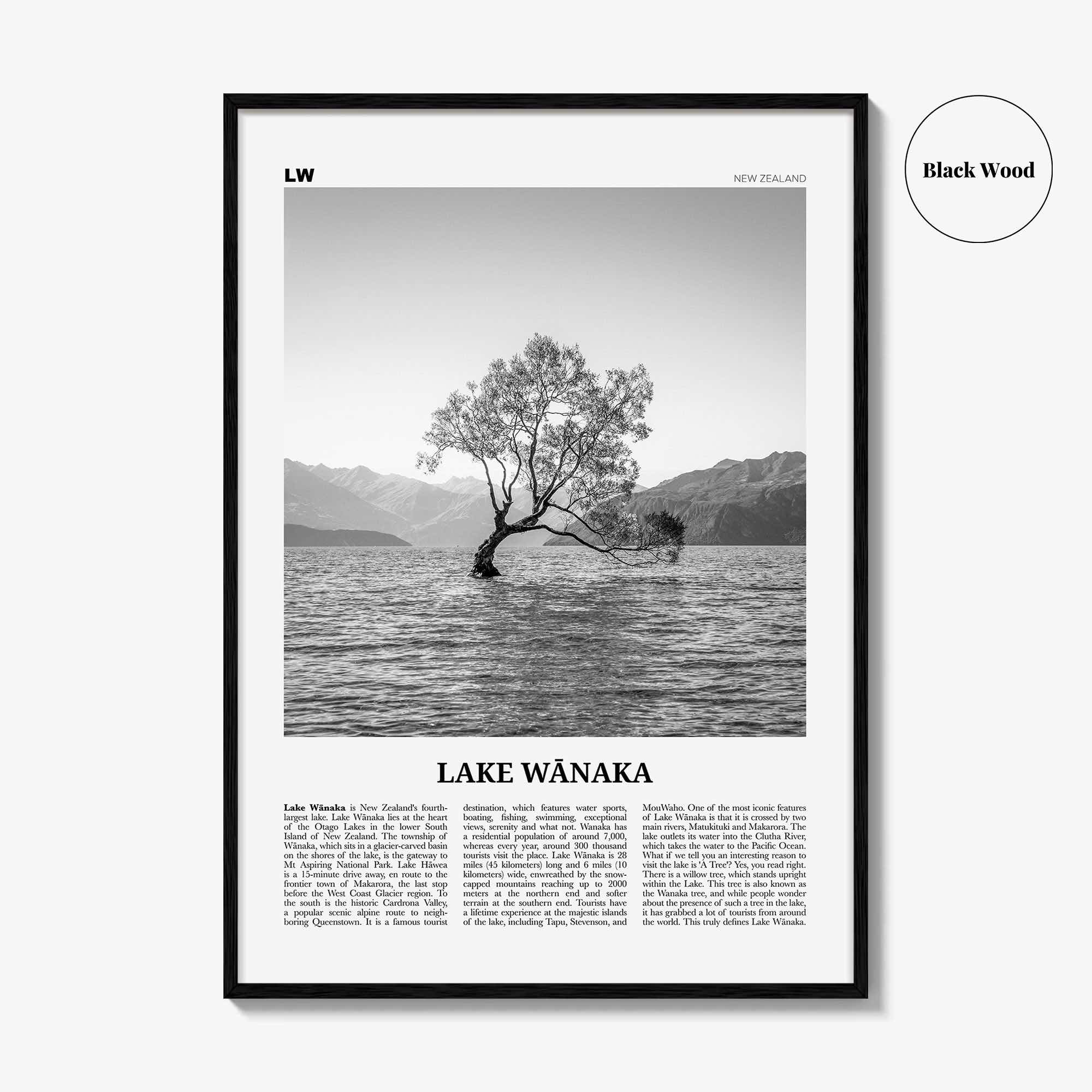 Lake Wanaka Print Black and White, Lake Wānaka Wall Art, Lake Wānaka Poster, Lake Wānaka Photo, Lake Wānaka Wall Décor, New Zealand
