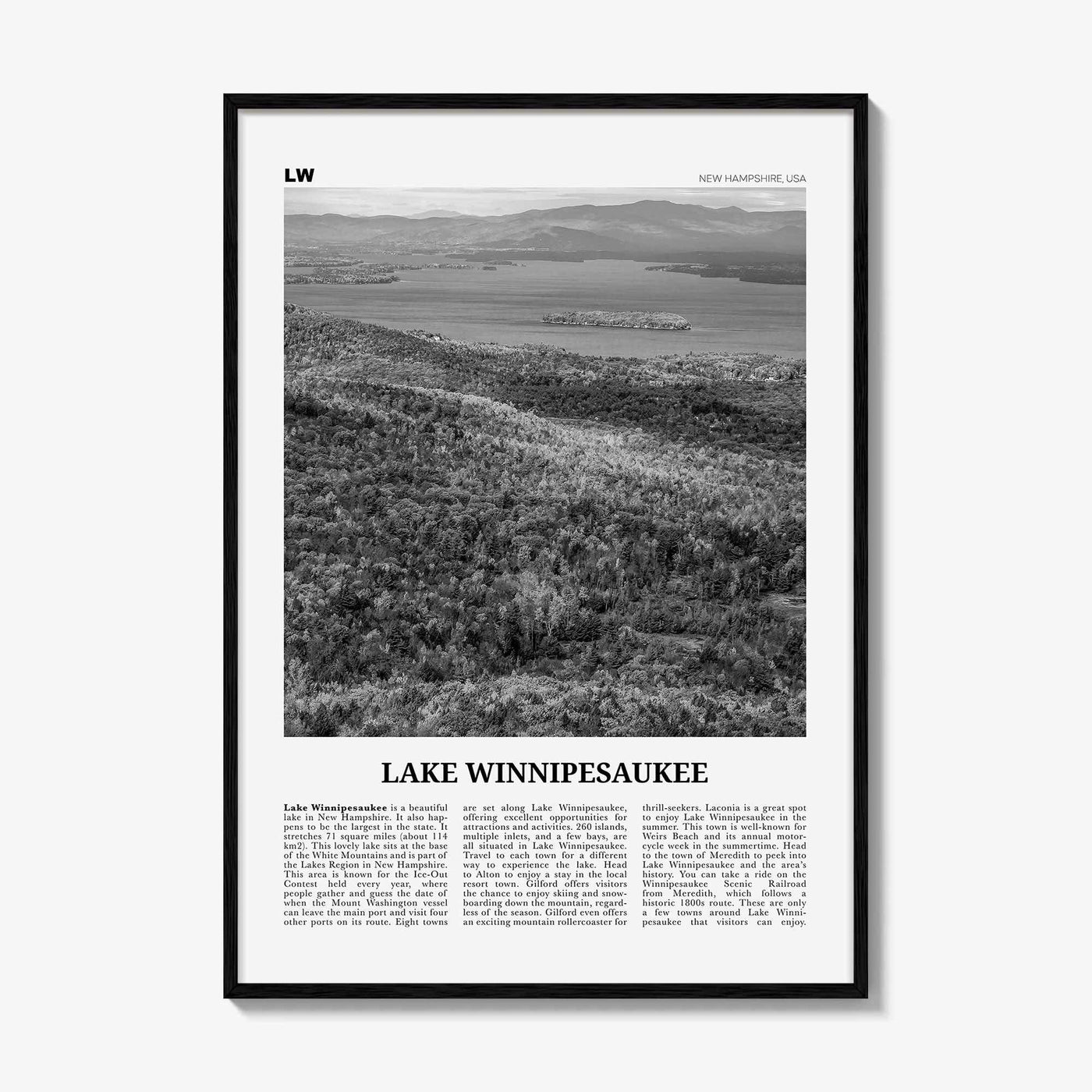 Lake Winnipesaukee Print Black and White, Lake Winnipesaukee Wall Art, Lake Winnipesaukee Poster, Lake Winnipesaukee Photo, New Hampshire