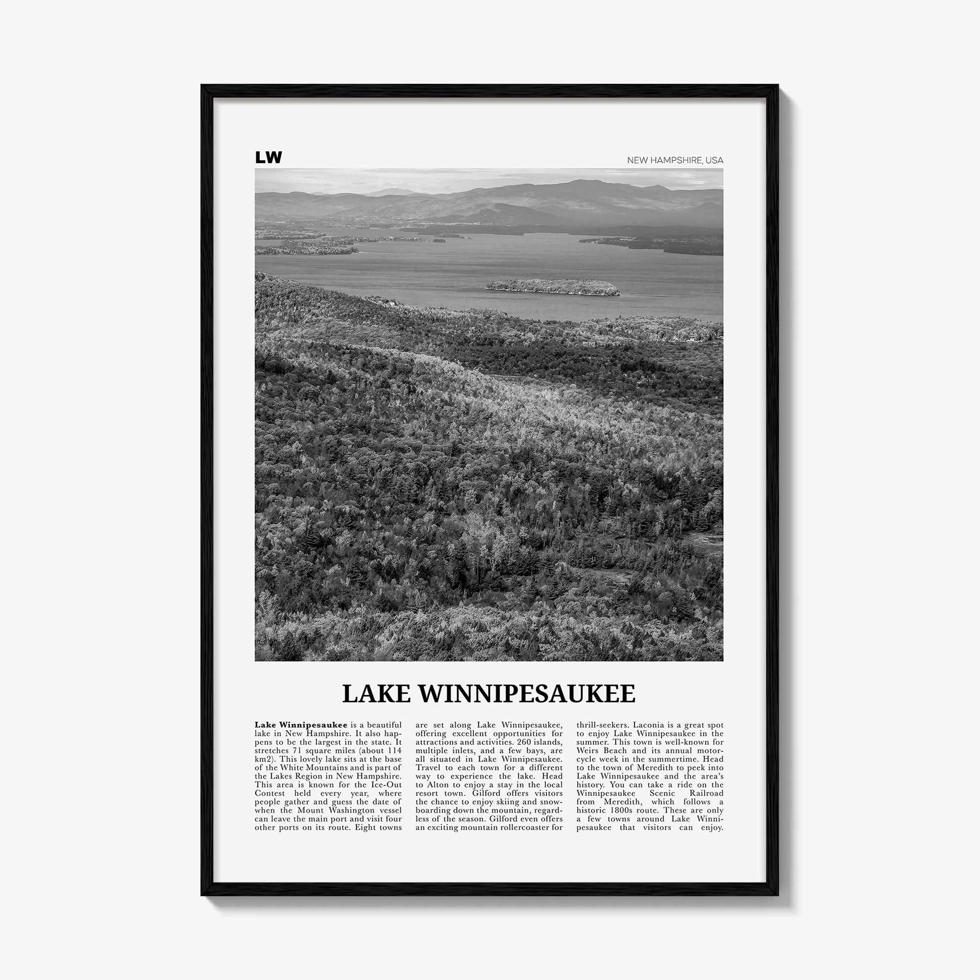 Lake Winnipesaukee Print Black and White, Lake Winnipesaukee Wall Art, Lake Winnipesaukee Poster, Lake Winnipesaukee Photo, New Hampshire