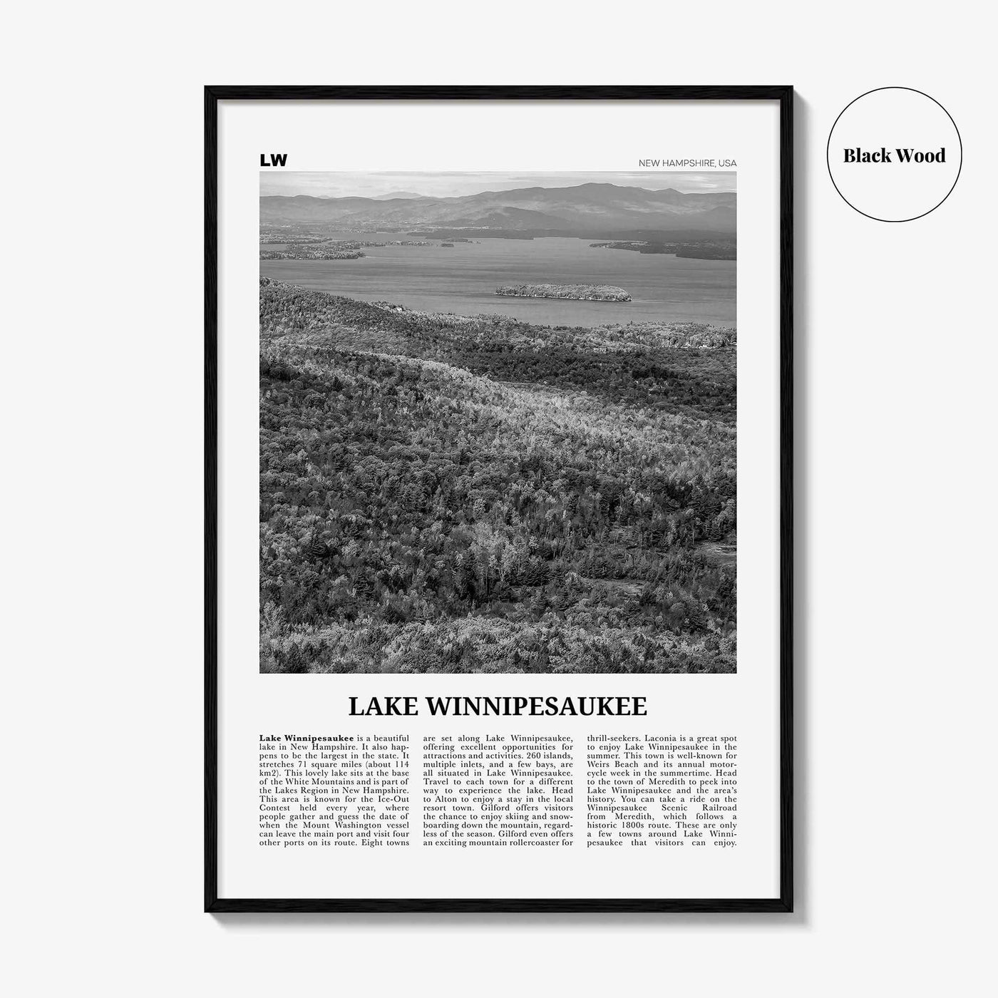 Lake Winnipesaukee Print Black and White, Lake Winnipesaukee Wall Art, Lake Winnipesaukee Poster, Lake Winnipesaukee Photo, New Hampshire