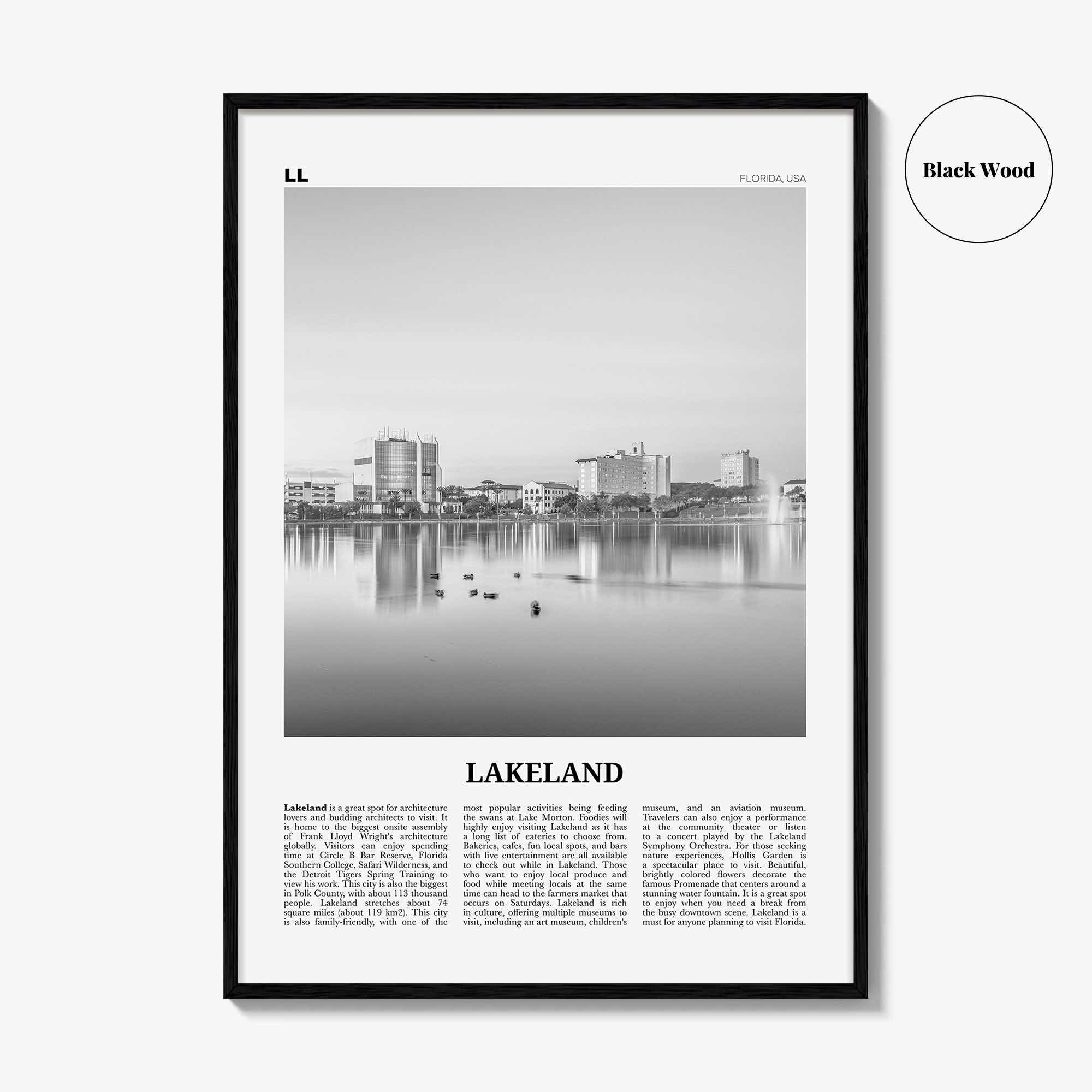 Lakeland Print Black and White, Lakeland Wall Art, Lakeland Poster, Lakeland Photo, Lakeland Wall Décor, Lakeland Map, Florida, USA