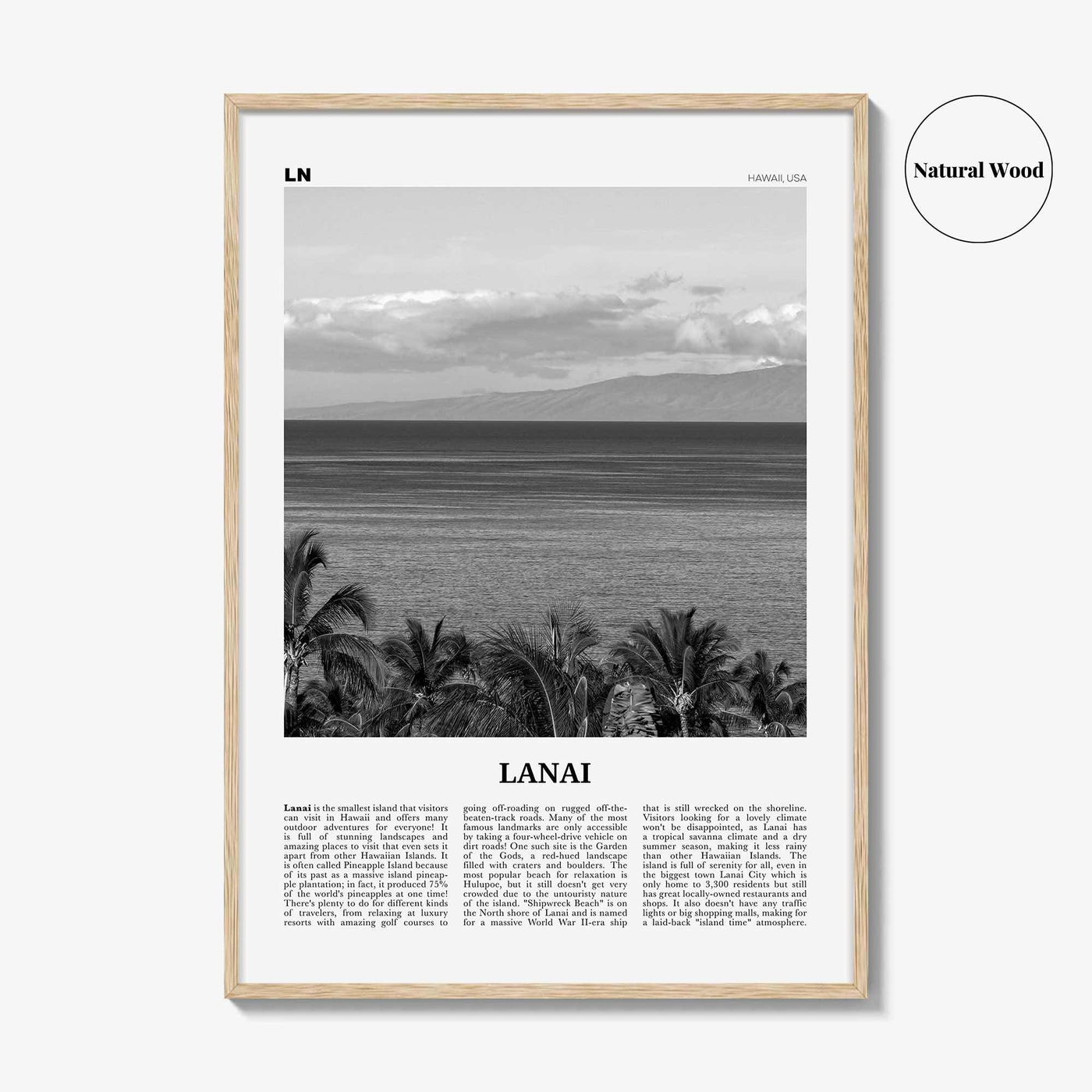 Lanai Print Black and White, Lanai Wall Art, Lanai Poster, Lanai Photo, Lanai Wall Décor, Lanai Map, Hawaii, USA