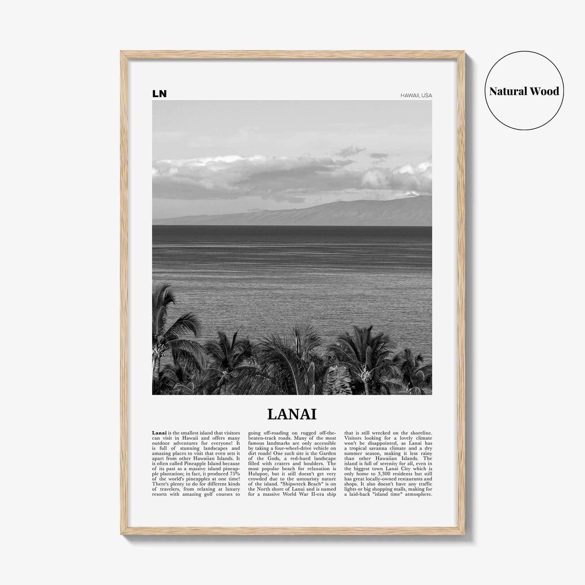 Lanai Print Black and White, Lanai Wall Art, Lanai Poster, Lanai Photo, Lanai Wall Décor, Lanai Map, Hawaii, USA
